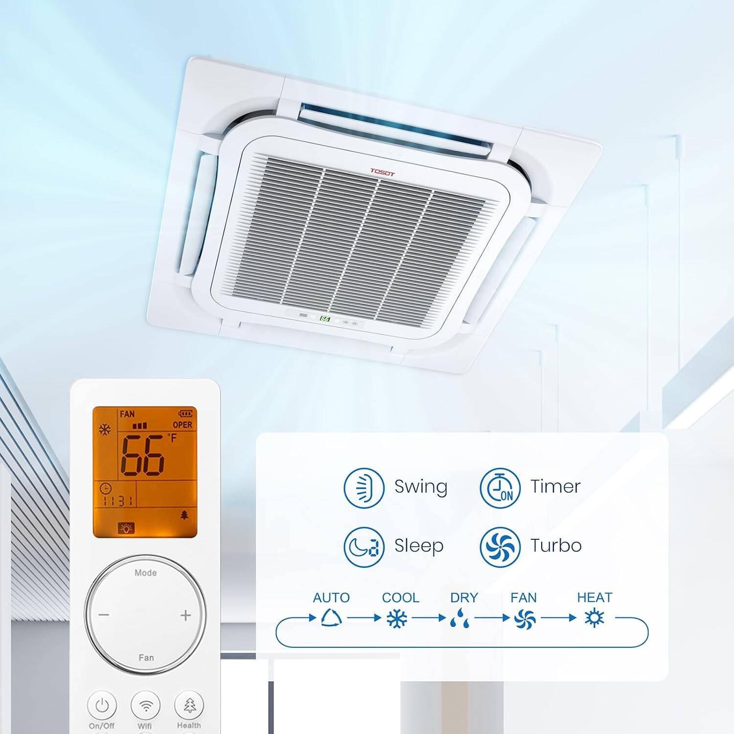 TOSOT  
55  
FAN OPER F 66 1131  
Swing  
Timer ON  
Mode  
Sleep  
Turbo  
-  
+  
AUTO  
COOL  
DRY  
FAN  
HEAT  
Fan  
On/Off  
Wifi  
Health