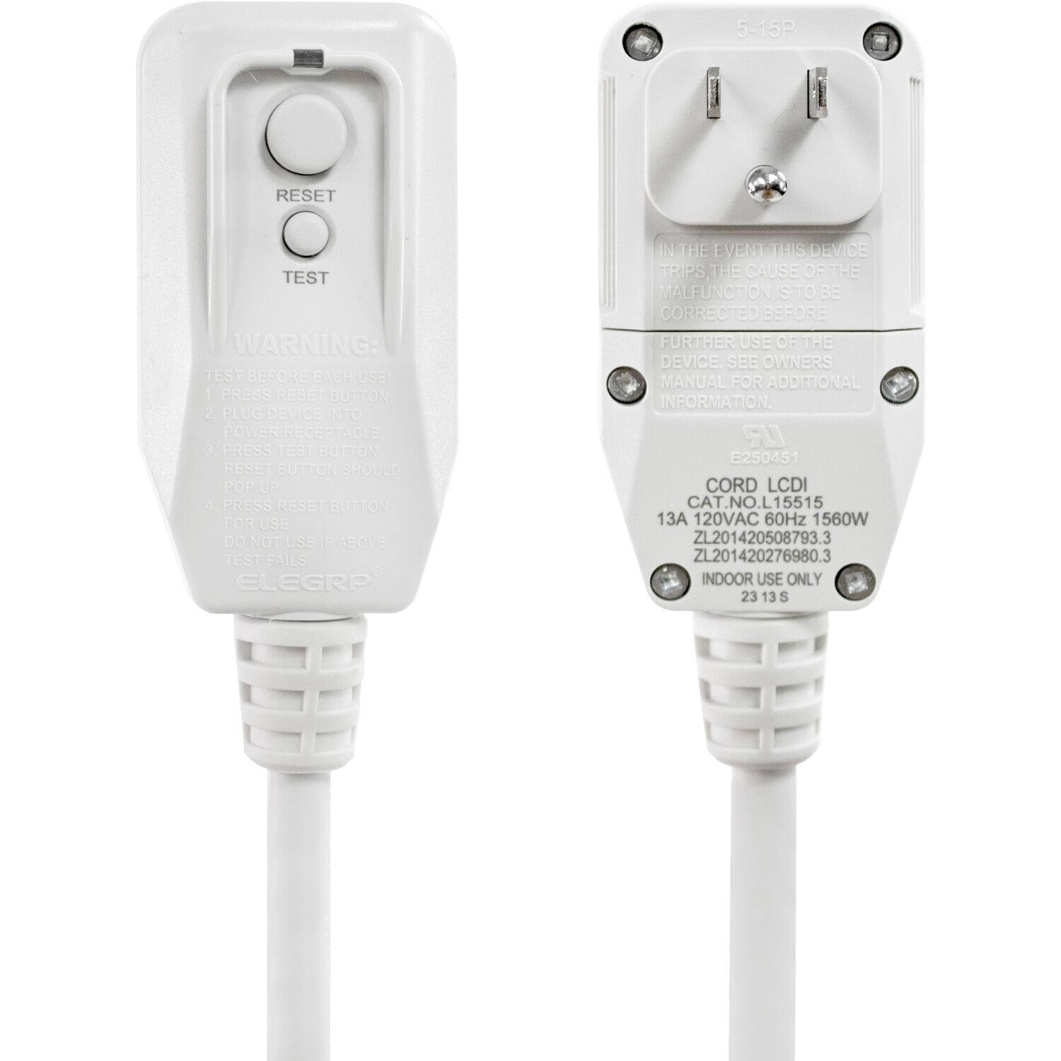 The text on the image reads:

WARNING: TEST BEFORE EACH USE

1. Press the RESET button.
2. Plug the device into the power receptacle.
3. Press the TEST button. The RESET button should pop up.
4. Press the RESET button for use.

Do not use if the above test fails. Elegre in the event this device trips the cause of the malfunction to be corrected before further use of the device. See owner's manual for additional information.

Cord LCDI Cat. No. L15515
13 120VAC 60Hz 1560W
ZL201420508793.3
L201420276980.3
Indoor use only
23 13 S
A