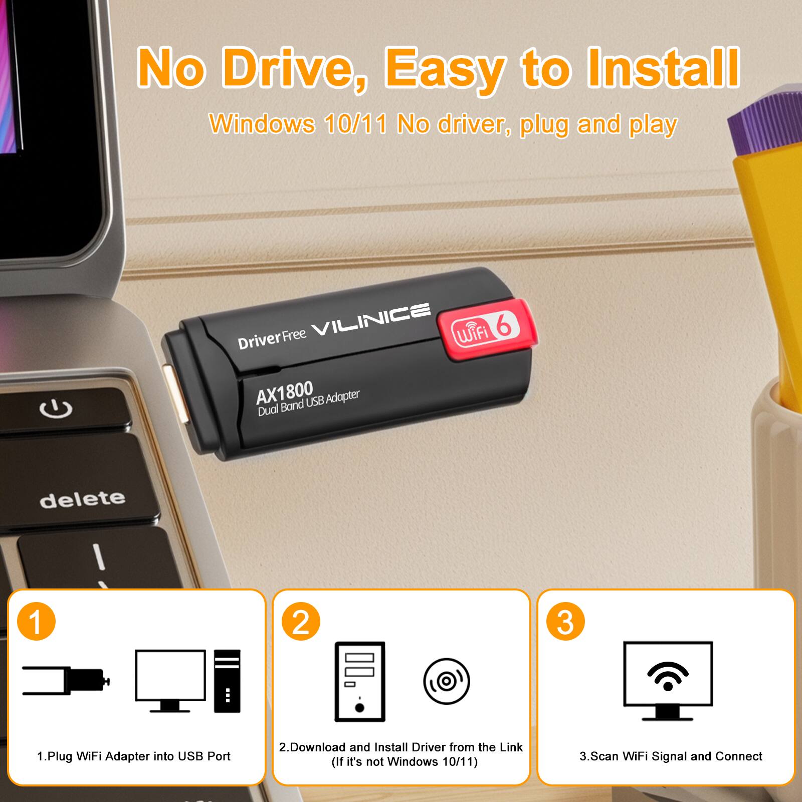 No Drive, Easy to Install  
Windows 10/11 No driver, plug and play  

1. Plug WiFi Adapter into USB Port  
2. Download and Install Driver from the Link (If it's not Windows 10/11)  
3. Scan WiFi Signal and Connect