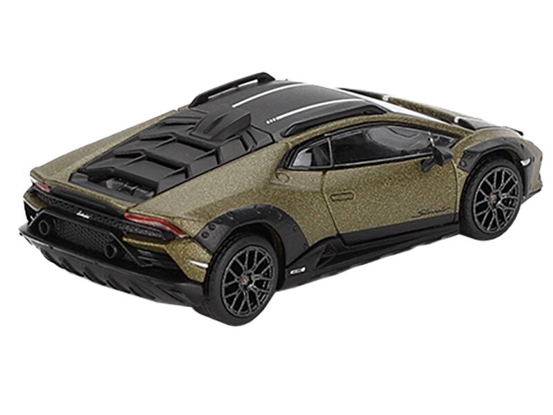 Left. Mini GT - Lamborghini Huracan Sterrato Verde Gea Matt Green Black Tio White Stripes Limited Edition 7200 pcs 1/64 - Matt Green Metallic with Black.