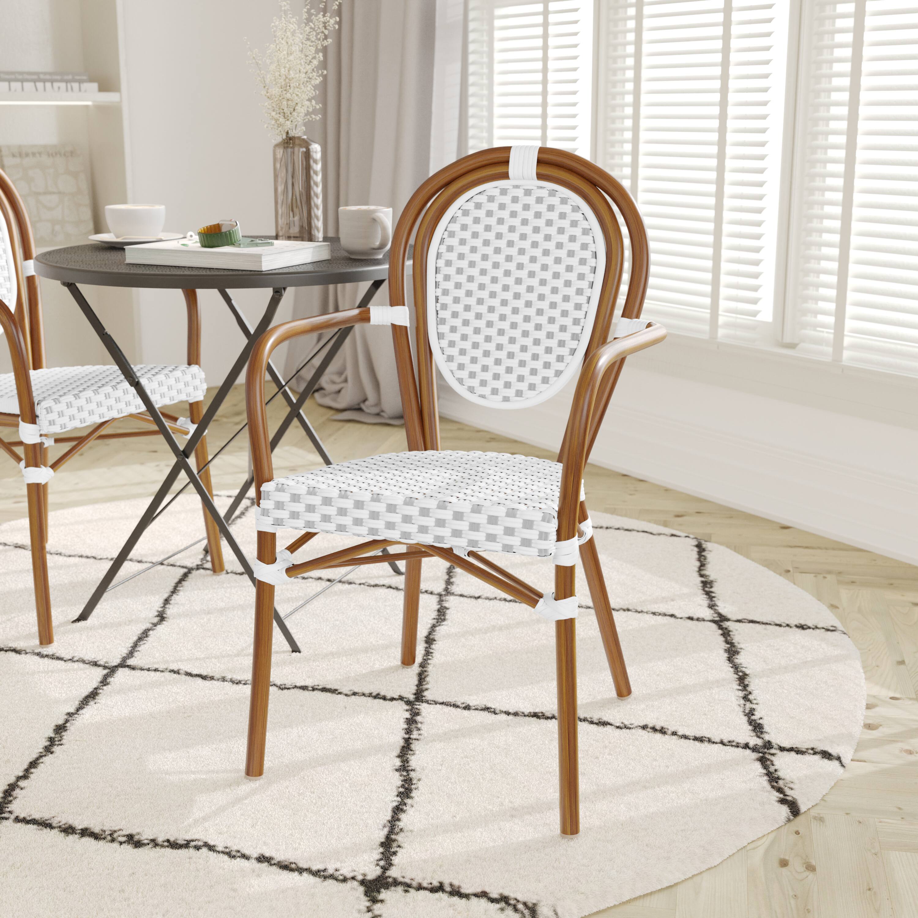 Alt View 1. Emma + Oliver - Colmar Indoor/Outdoor Stacking Thonet Bistro Style Chair with Arms, PE Rattan Seat and Finished Metal Frame - White & Gray/Natural Frame.