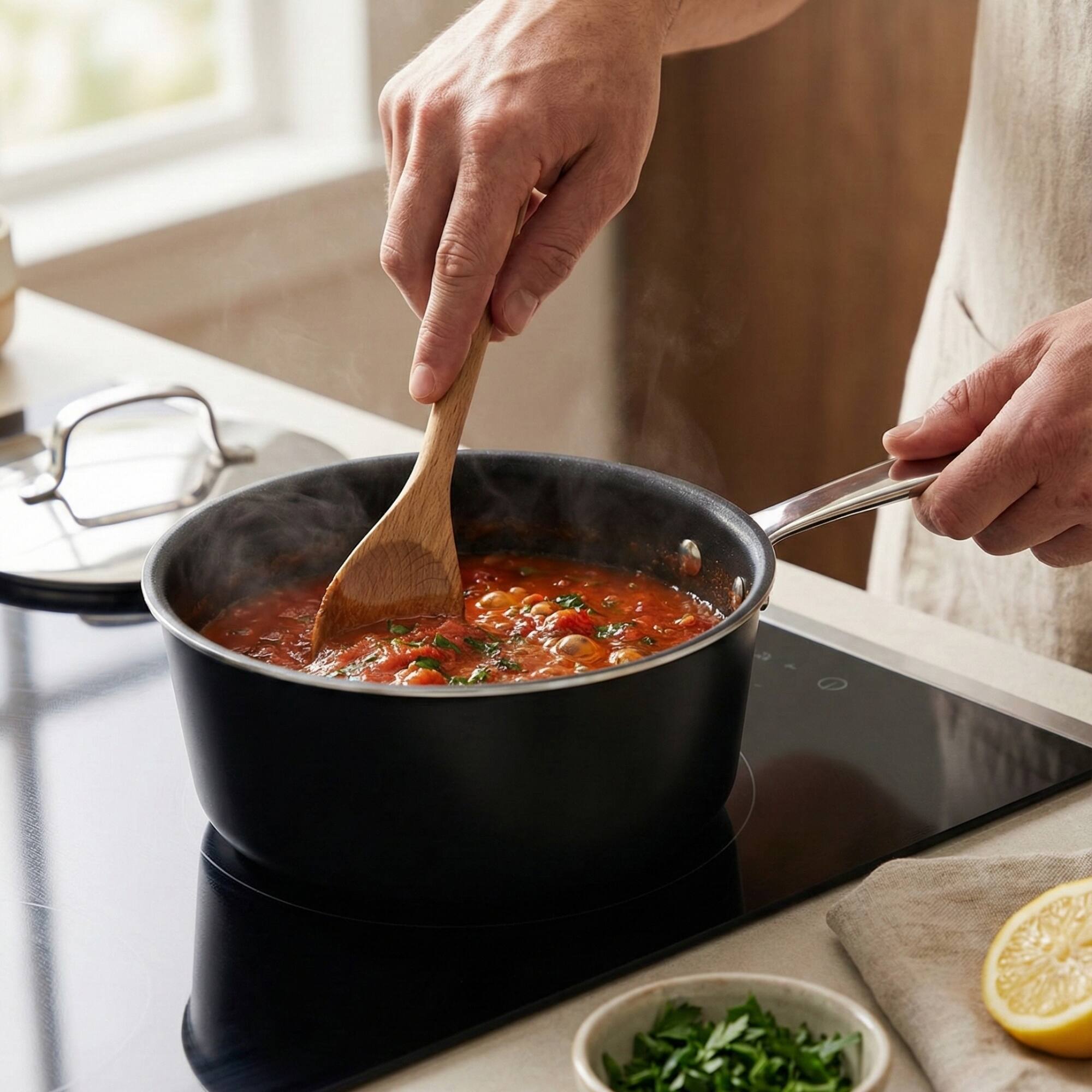 Left. Alva - Alva Maestro 2-Qt. Ceramic Nonstick Saucepan with Lid – Toxic-Free, Oven Safe - Black.