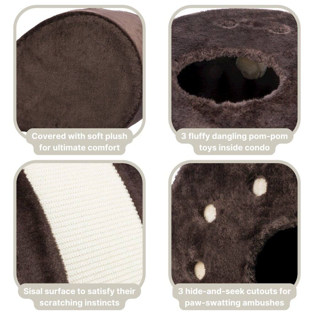 Covered with soft plush for ultimate comfort  
3 fluffy dangling pom-pom toys inside condo  
Sisal surface to satisfy their scratching instincts  
3 hide-and-seek cutouts for paw-swatting ambushes