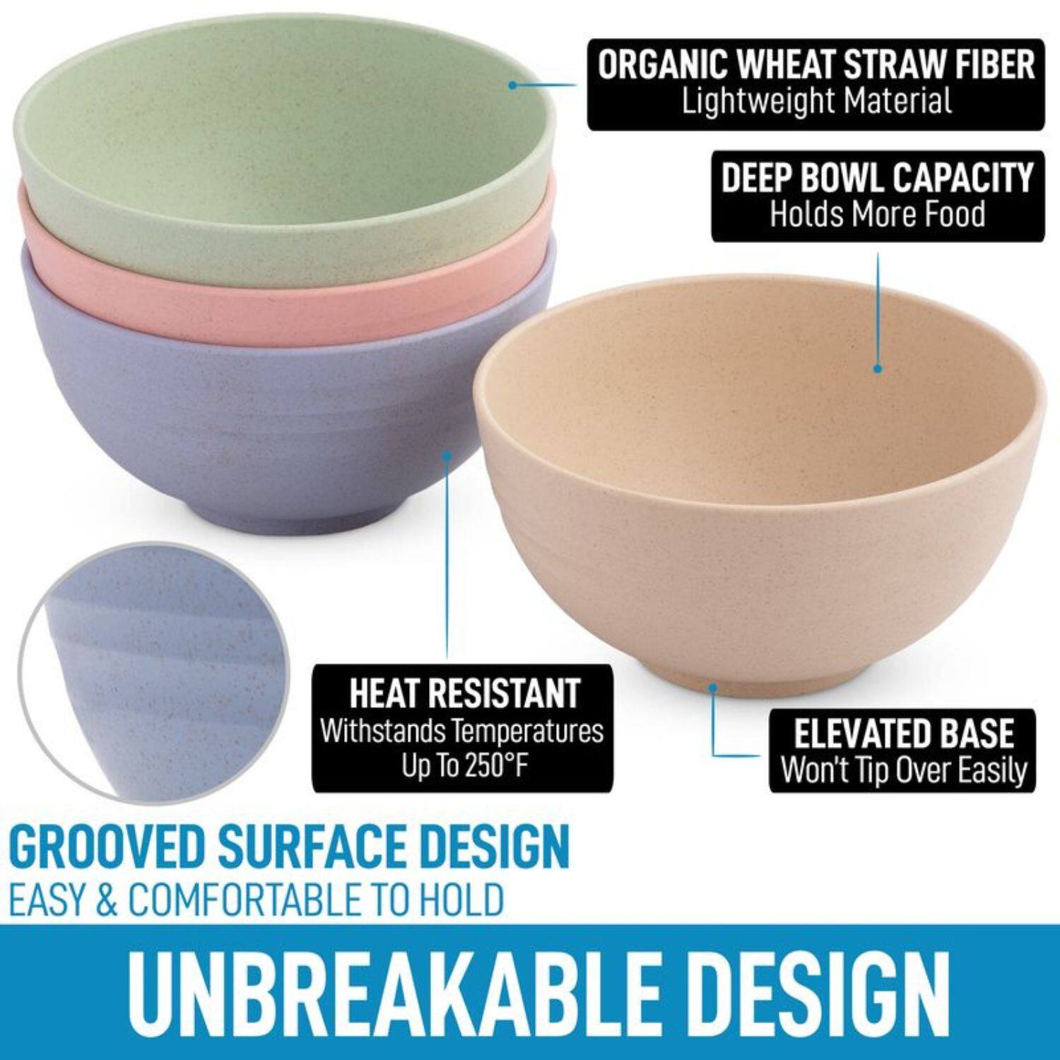 ORGANIC WHEAT STRAW FIBER  
Lightweight Material  

DEEP BOWL CAPACITY  
Holds More Food  

HEAT RESISTANT  
Withstands Temperatures Up To 250°F  

ELEVATED BASE  
Won't Tip Over Easily  

GROOVED SURFACE DESIGN  
EASY & COMFORTABLE TO HOLD  

UNBREAKABLE DESIGN