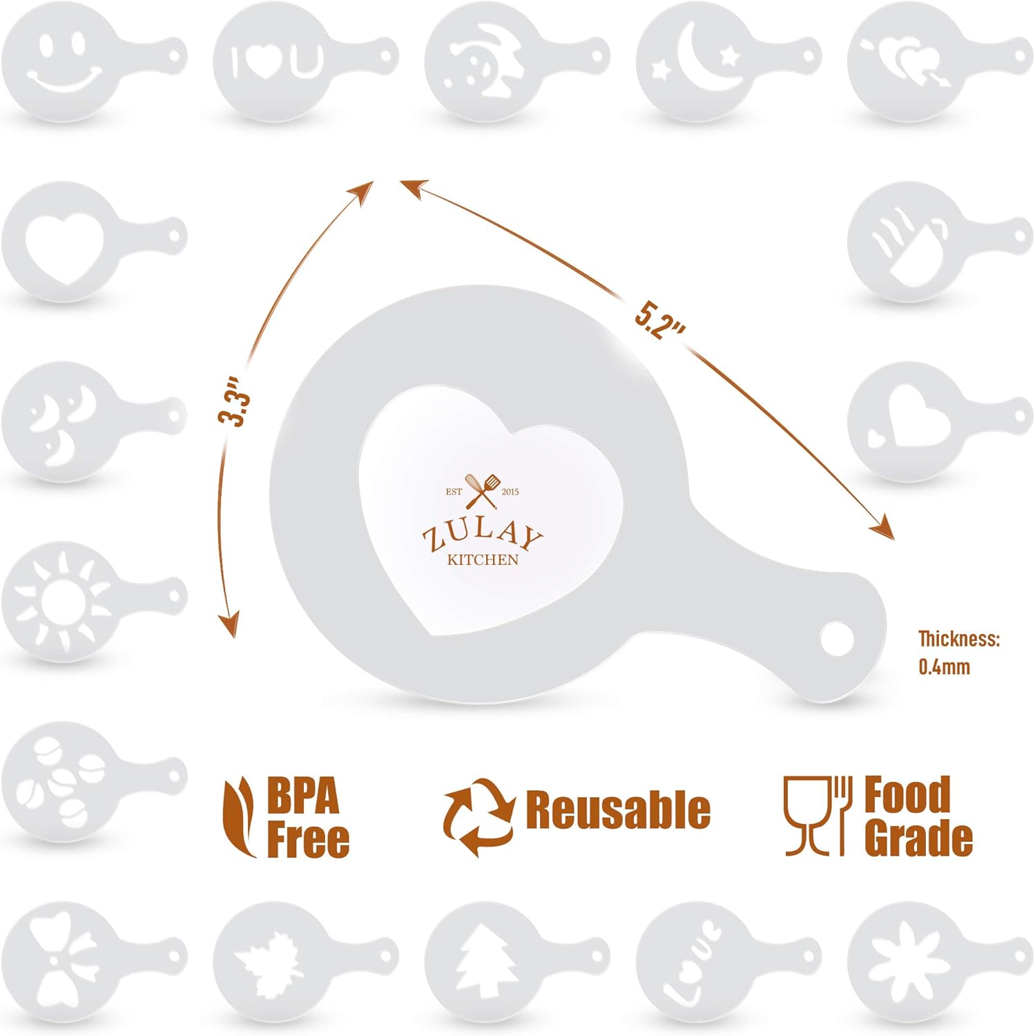 3.3" 5.2"  
ENT 3015  
ZULAY KITCHEN  
Thickness: 0.4mm  
BPA Free  
Reusable  
Food Grade