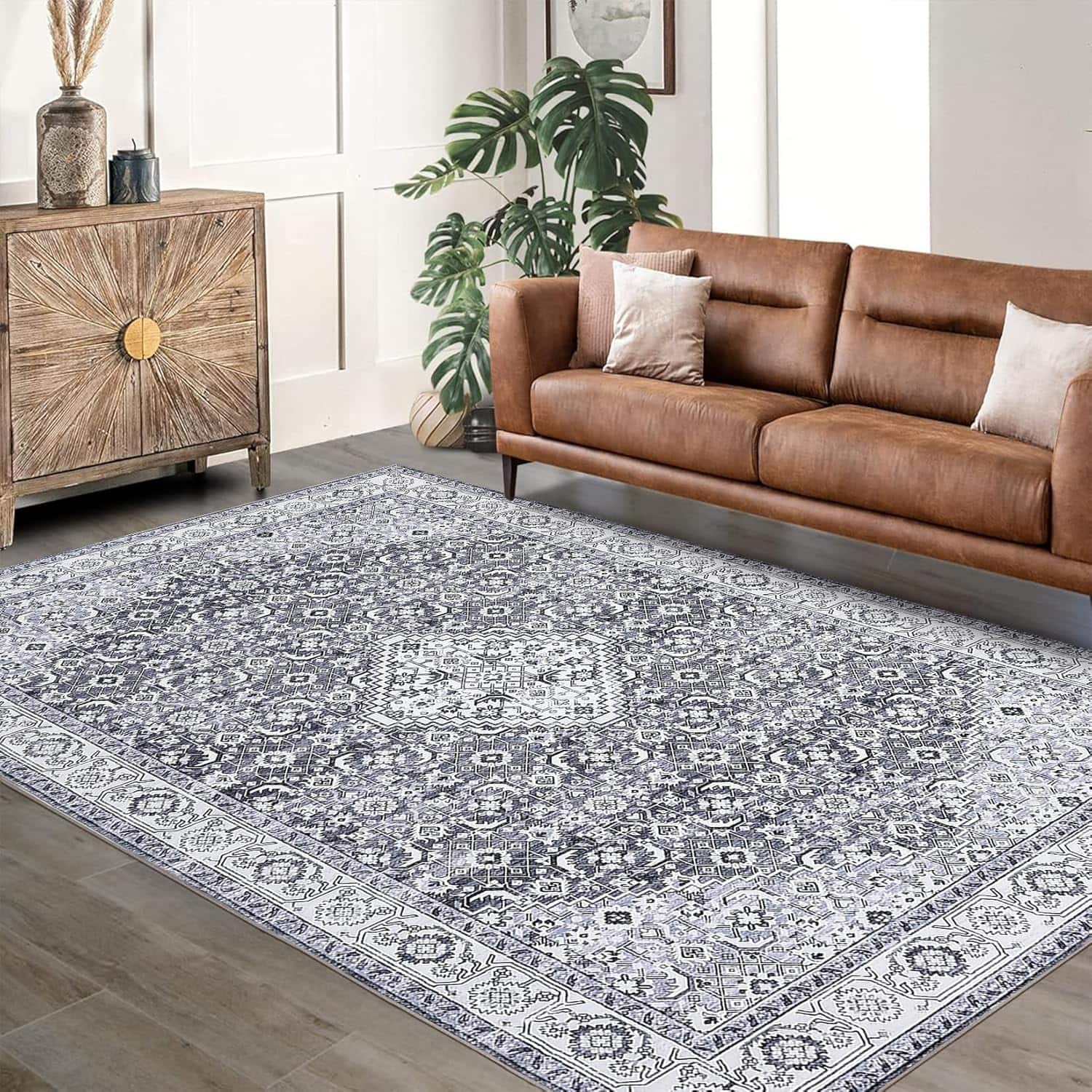 Jojoka - Vintage Area Rug 9x12, Stain Resistant, Machine Washable, Non-Slip, Low-Pile, Foldable, Indoor Carpet - Gray Hue