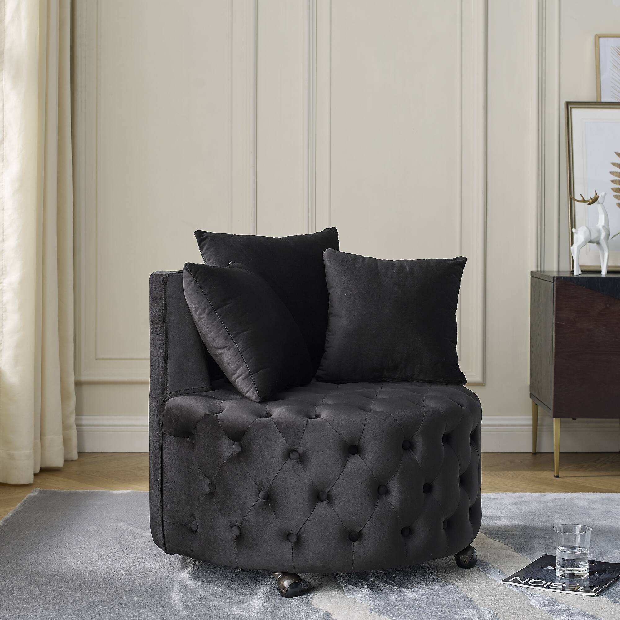 Angle. Trinkets Crazed - Velvet Upholstered Swivel Chair for Living Room, with Button Tufted Design and Movable Wheels, Including 3 Pillows - Black.