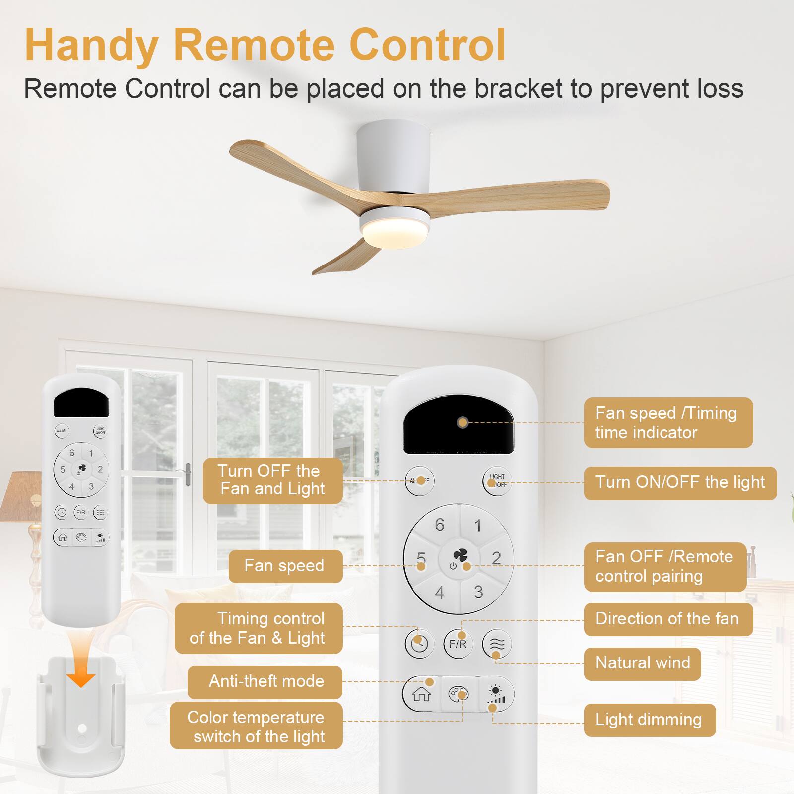 Handy Remote Control  
Remote Control can be placed on the bracket to prevent loss

- Fan speed / Timing time indicator
- Turn OFF the Fan and Light
- Fan speed Timing control of the Fan & Light
- Anti-theft mode
- Turn ON/OFF the light
- Fan OFF / Remote control pairing
- Direction of the fan
- Natural wind
- Color temperature switch of the light
- Light dimming