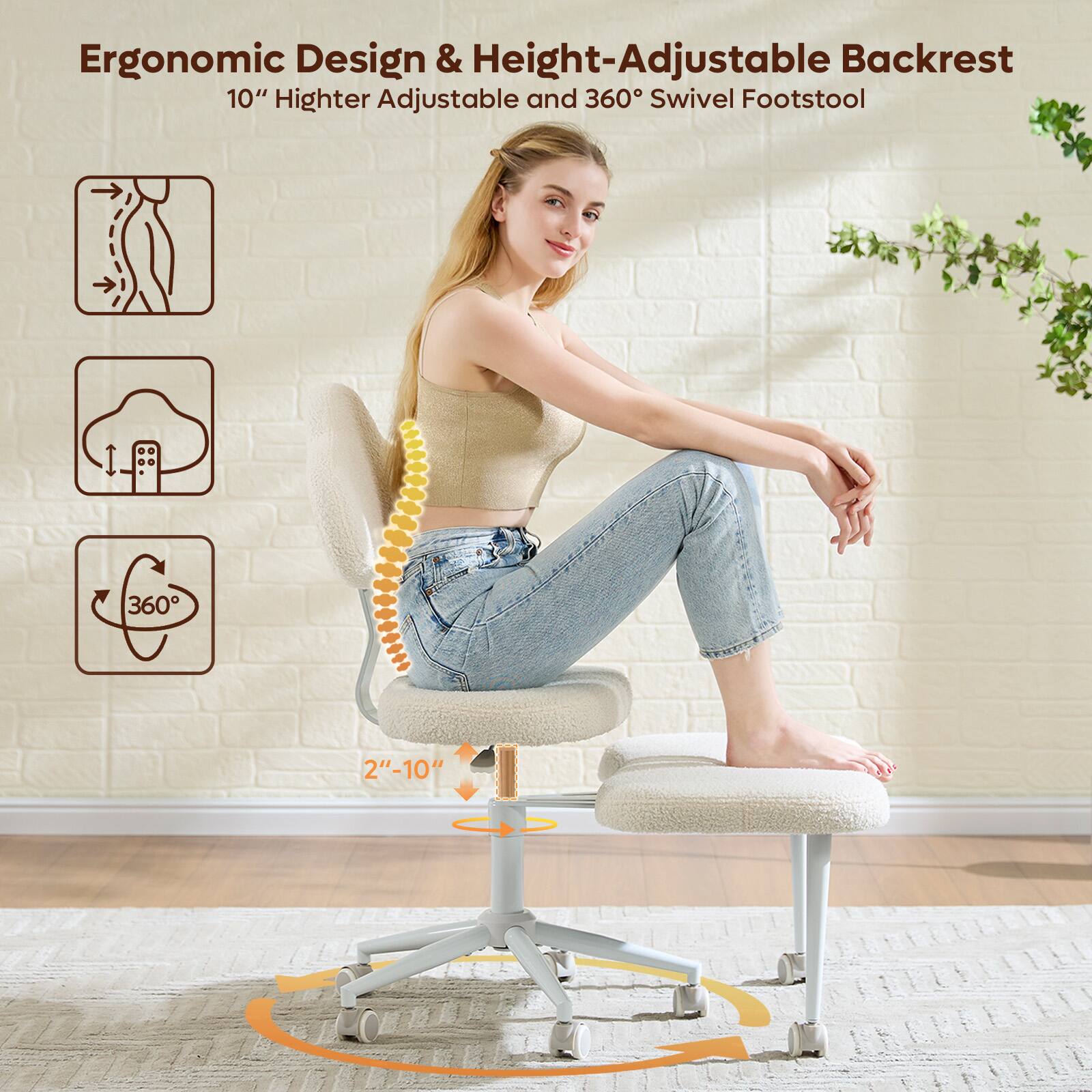 Ergonomic Design & Height-Adjustable Backrest: 10" Higher Adjustable and 360 Swivel Footstool.