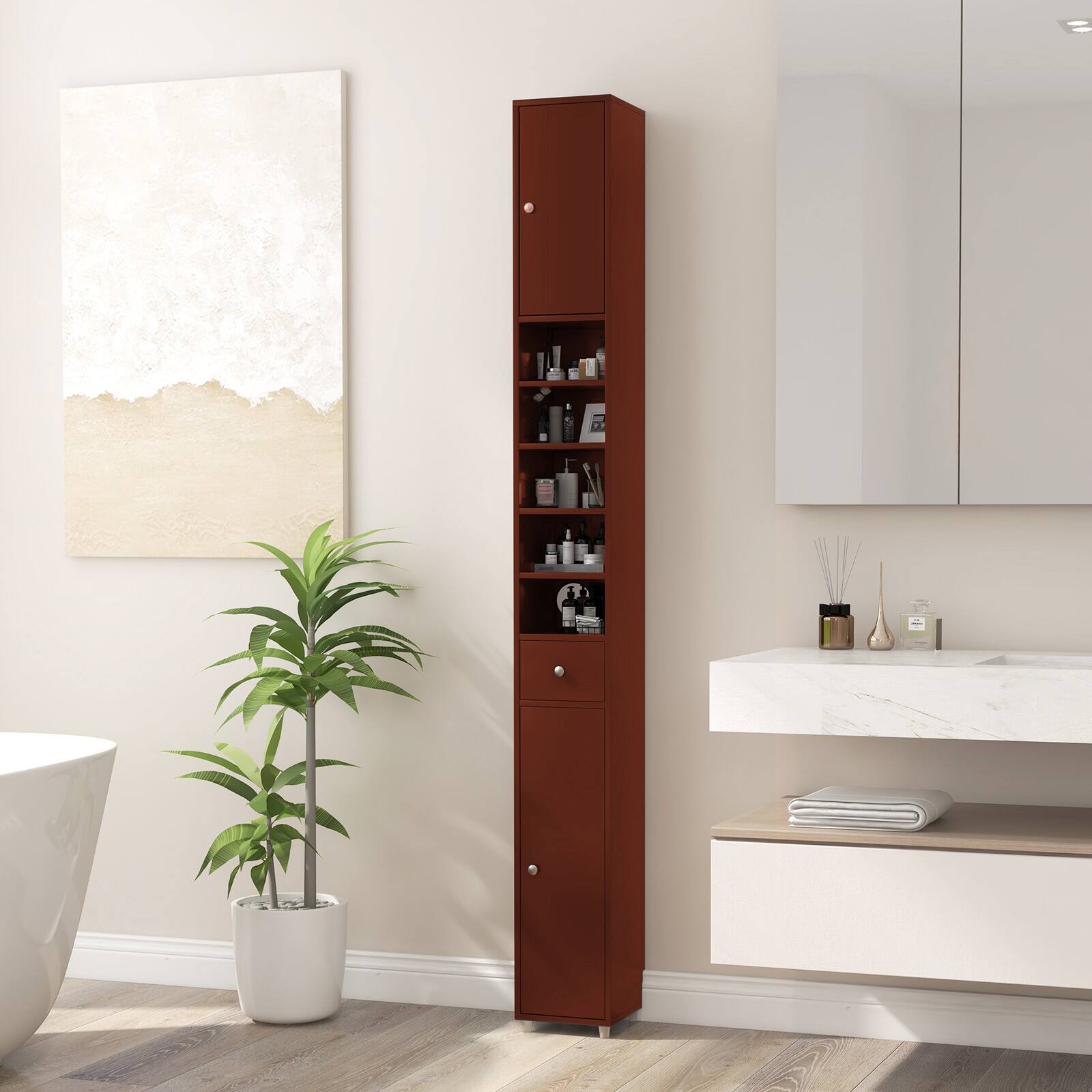 Alt View 1. Ecooso - Freestanding Slim Bathroom Cabinet with Drawer and Adjustable Shelves - Brown.