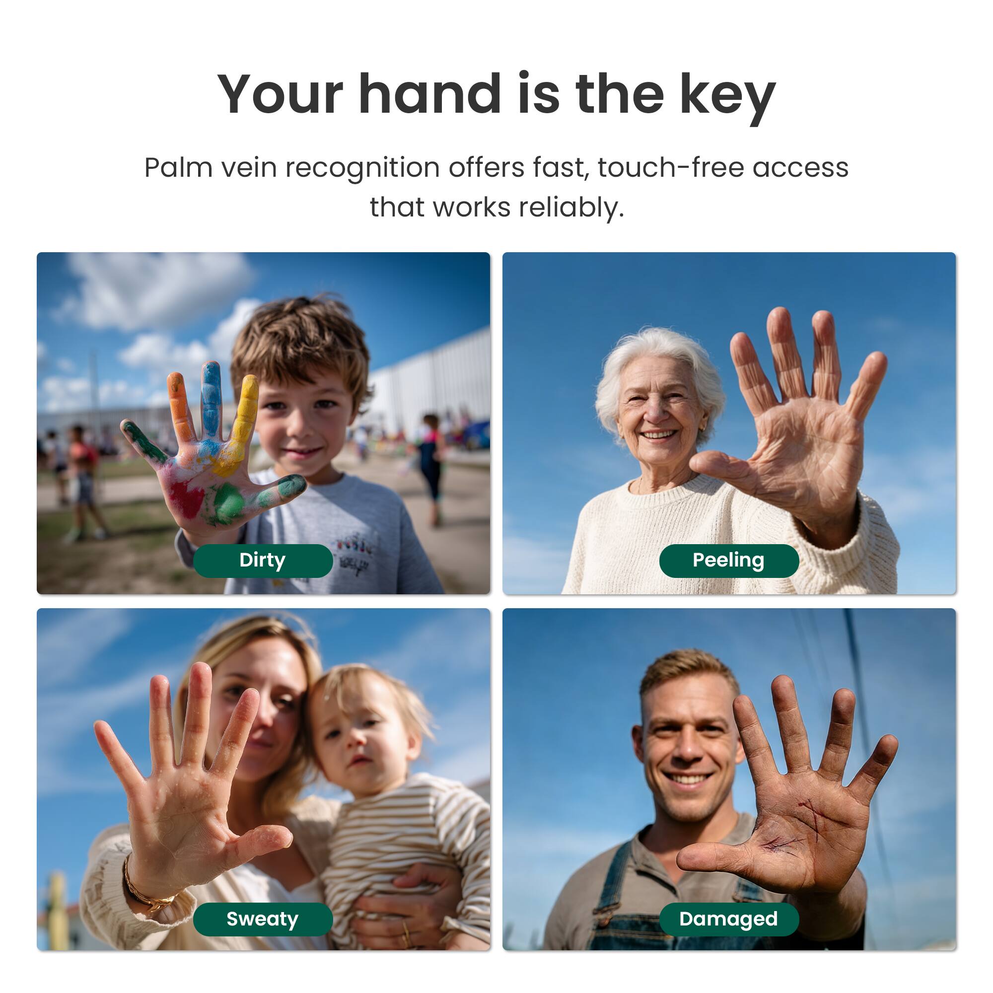 Your hand is the key  
Palm vein recognition offers fast, touch-free access that works reliably.  

Dirty  
Peeling  
Sweaty  
Damaged