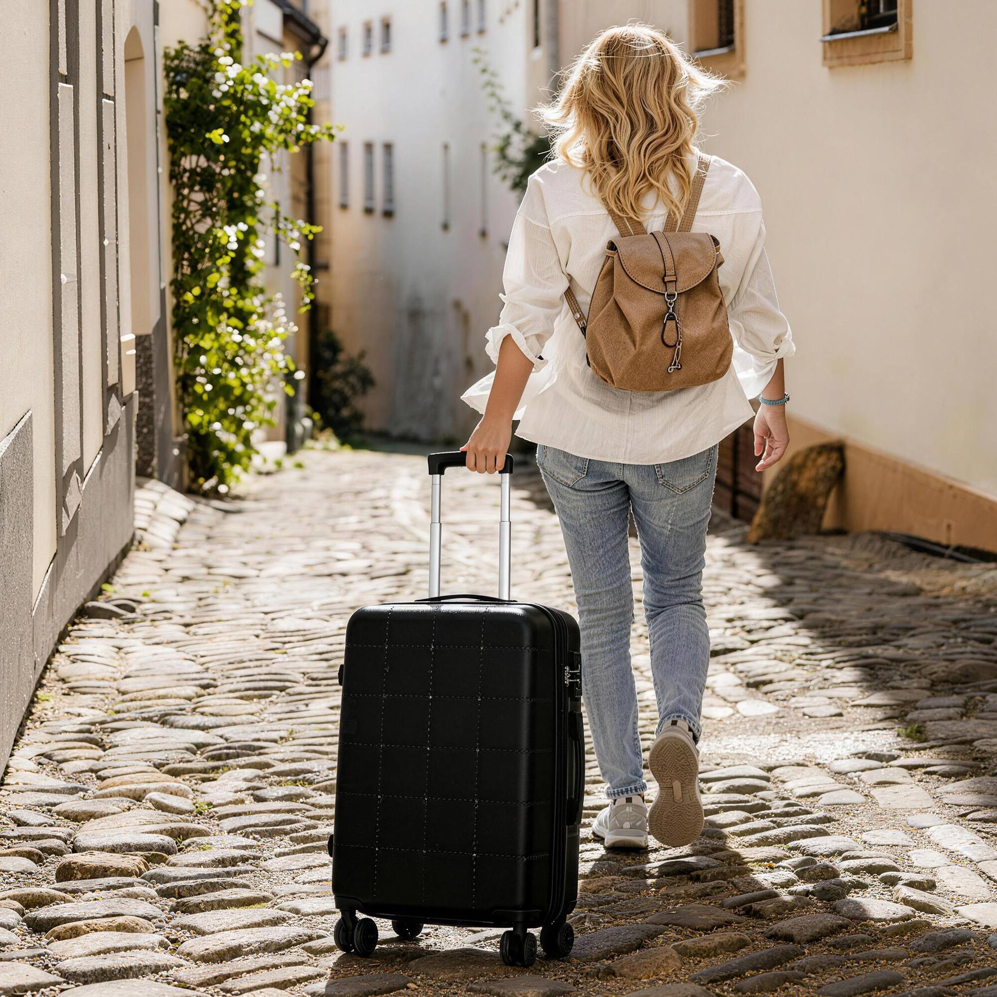 Alt View 1. Ecooso - 5-Piece ABS Luggage Set with Bags, Half-Open 20" USB Carry-On, Expandable 24"/28", TSA Lock, Wheels - Black.