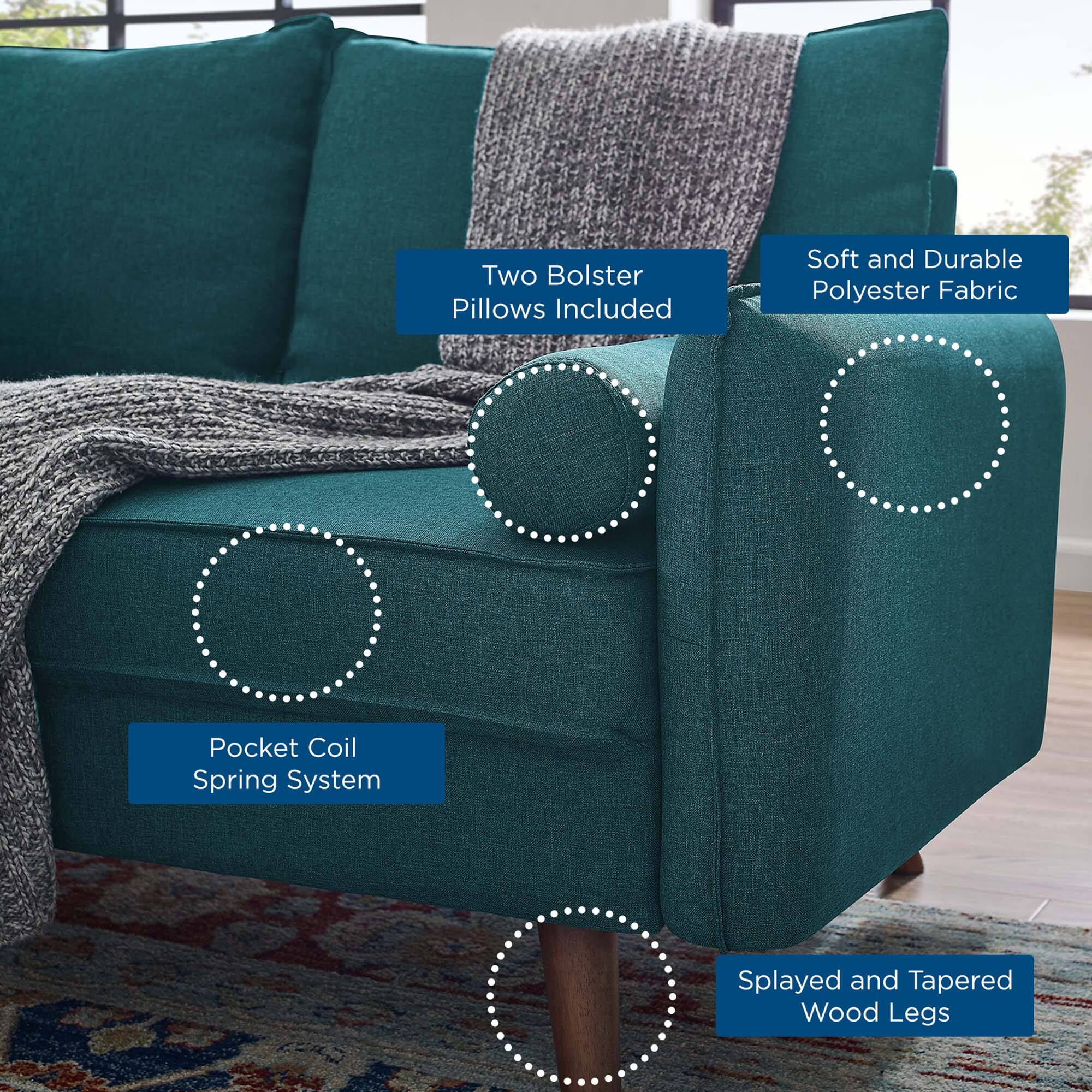- Two Bolster Pillows Included
- Soft and Durable Polyester Fabric
- Pocket Coil Spring System
- Splayed and Tapered Wood Legs