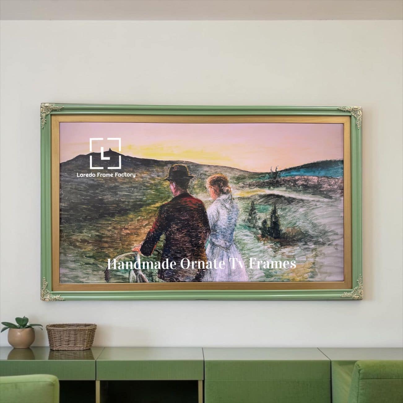 LAREDO FRAME FACTORY - 65 inch Handmade Ornate Tv Frame For TCL NXT Vision TVs - CACTUS VALLEY GREEN WITH GOLD ACCENTS