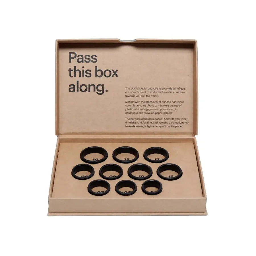 Pass this box along. Our commitment box is special to us because it's every smarter detail choices - reflects towards you and the planet. Marked with the green seal of RE eco-conscious commitment. We chose to minimise the use of plastic, embracing greener options such as cardboard and recycled paper instead. The purpose of this box is to end with you. Every time it's shared and reused, we take a collective step towards leaving a lighter footprint on the planet.