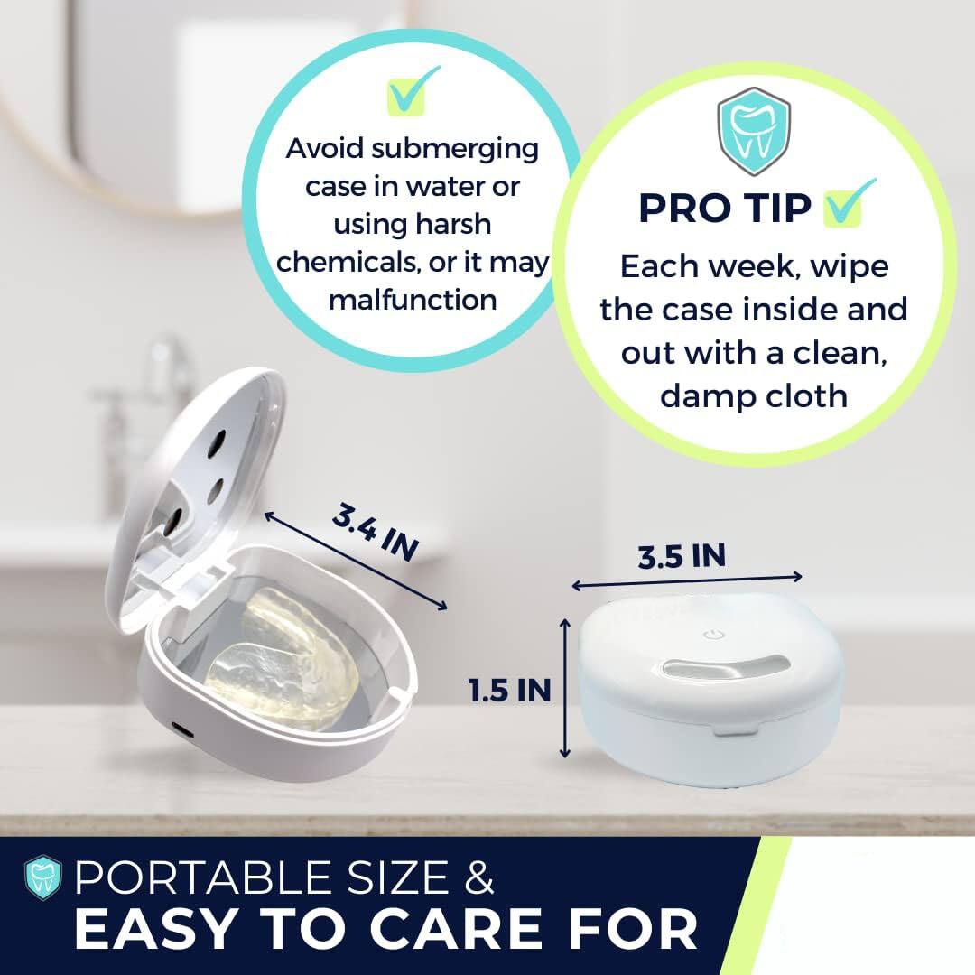 Avoid submerging case in water or using harsh chemicals, or it may malfunction

PRO TIP
Each week, wipe the case inside and out with a clean, damp cloth

3.4 IN
3.5 IN
1.5 IN

PORTABLE SIZE & EASY TO CARE FOR