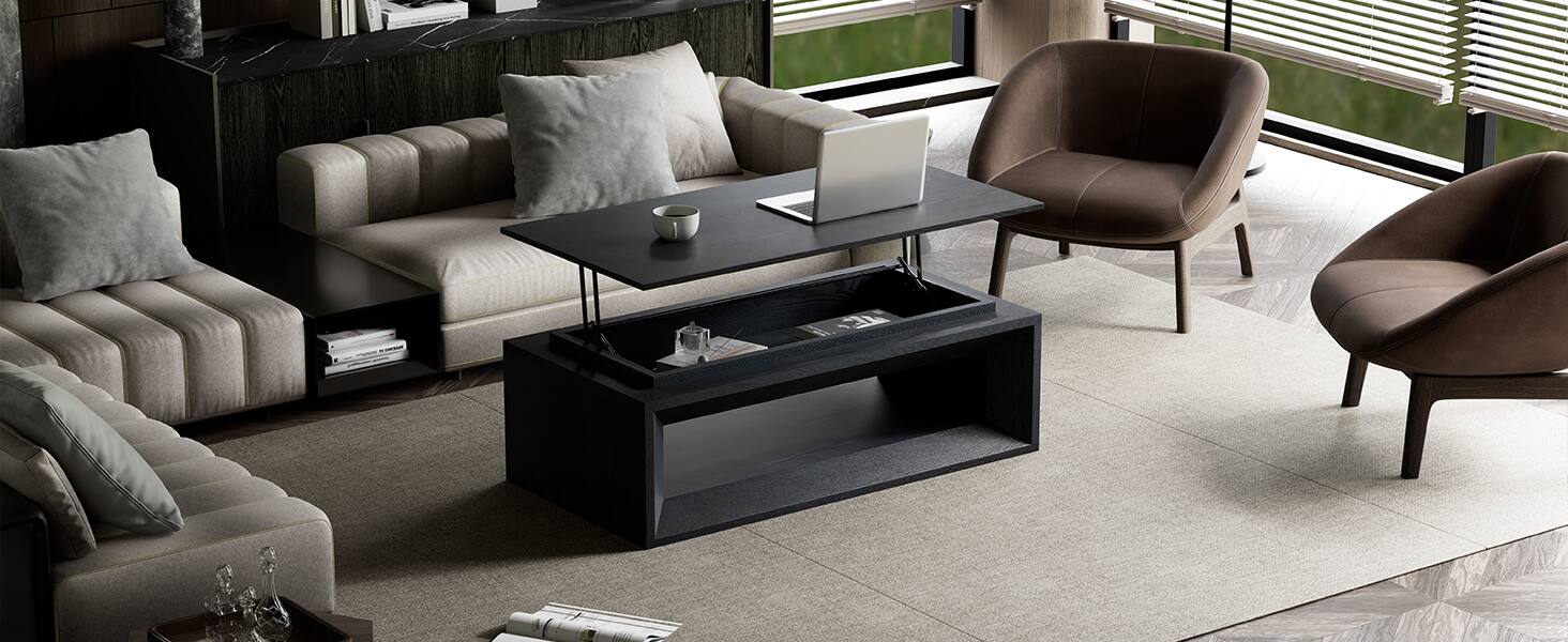 Alt View 7. Loheer - Loheer Black Lift Top Coffee Table with Storage Modern Rising Floating Tabletop Center Table - Black.