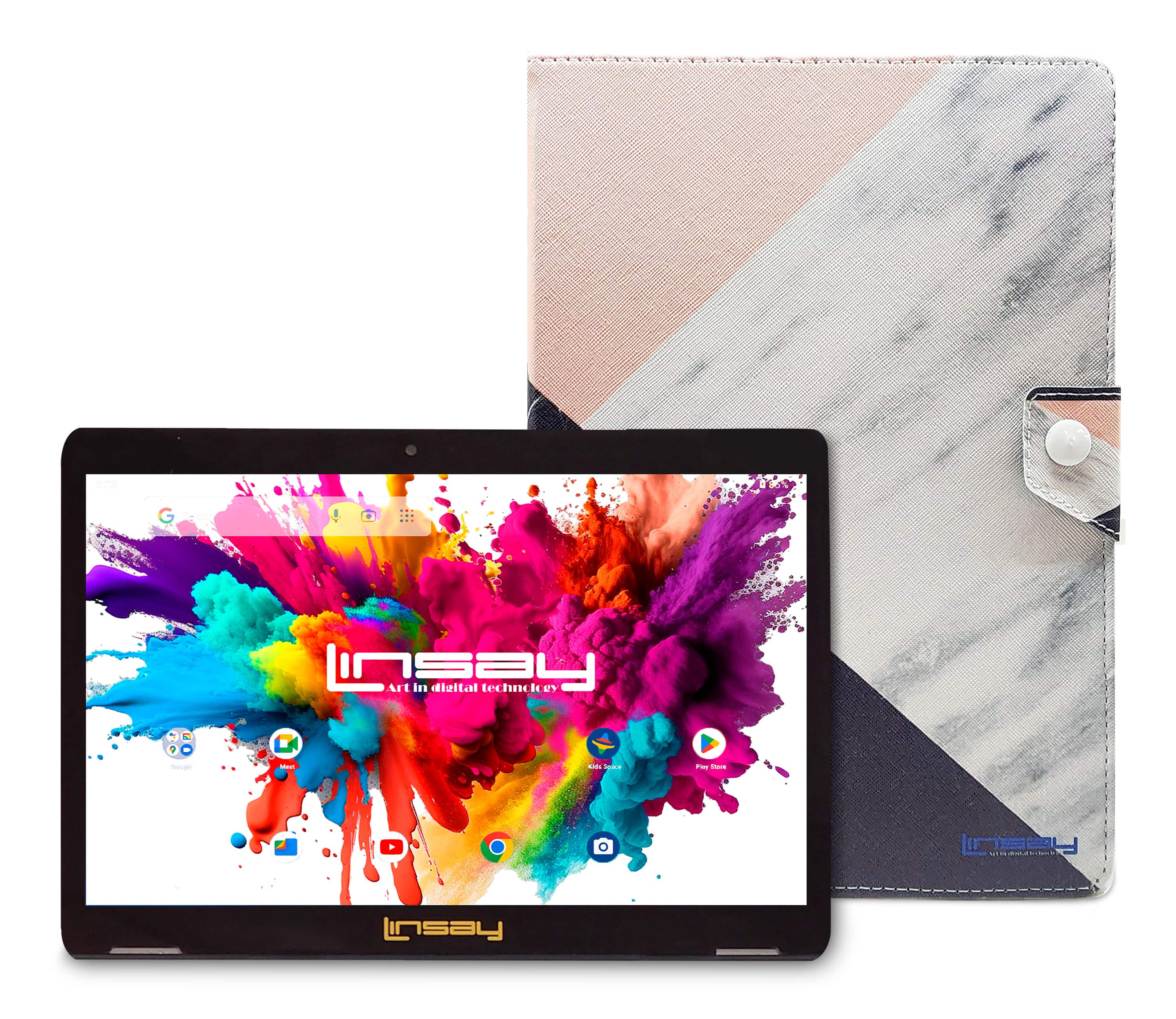 LINSAY - 10.1"Octa Core 128GB Storage Android 15 Tablet with Pink White Marble Case - Black