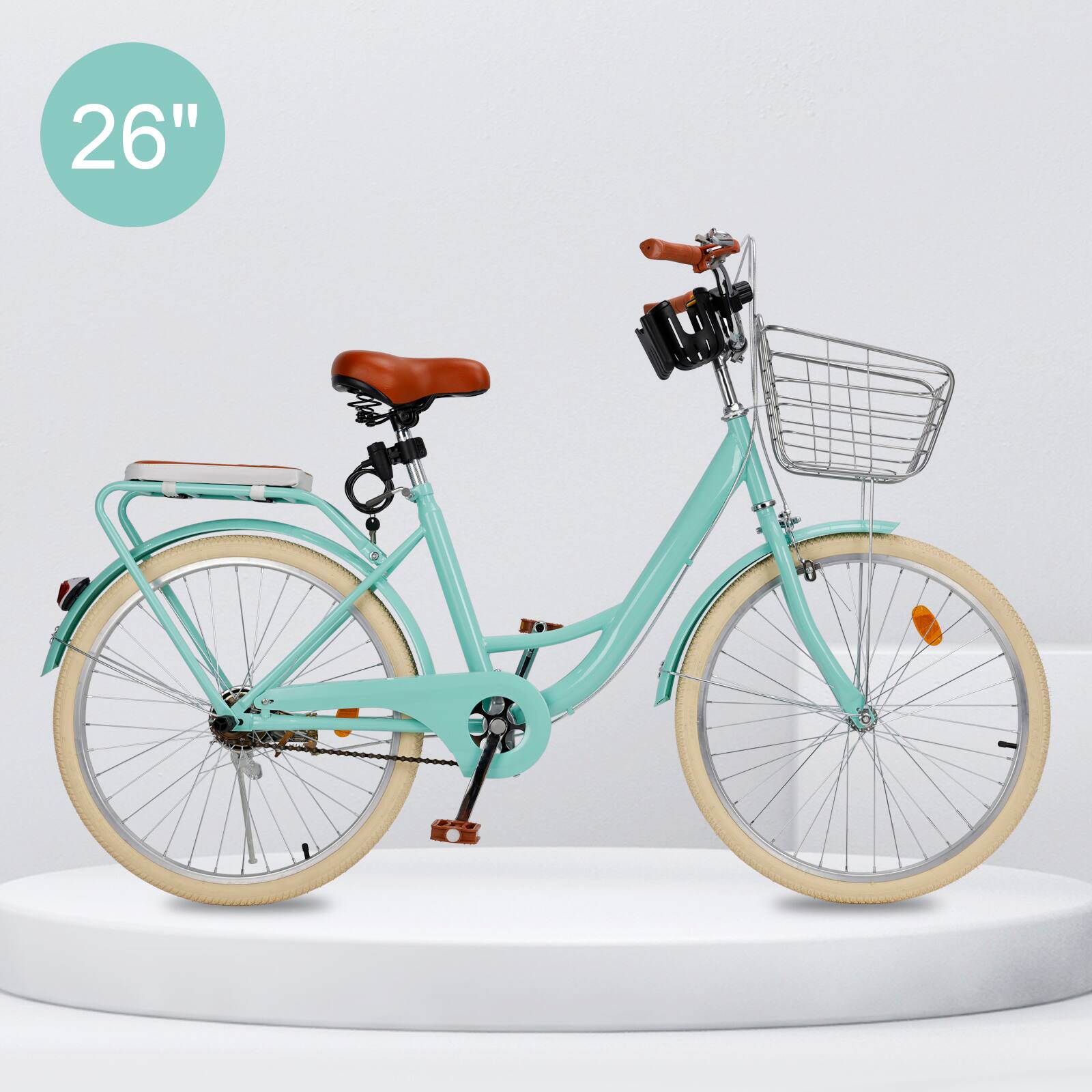 Alt View 4. Topteng - 26" Beach Cruiser Bike for Men/Women with Cup Holder, High Carbon Steel Frame, Dual Brakes, Rear Rack and Basket, Green - Green.