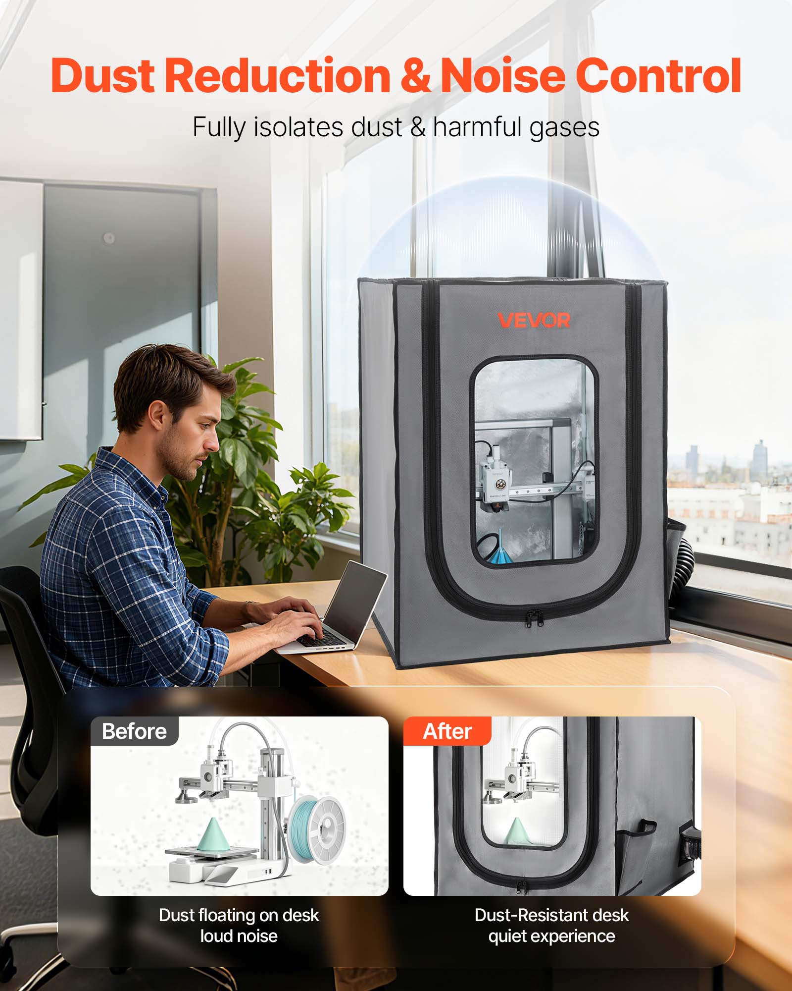 Dust Reduction & Noise Control  
Fully isolates dust & harmful gases

Before  
Dust floating on desk loud noise

After  
Dust-Resistant desk quiet experience