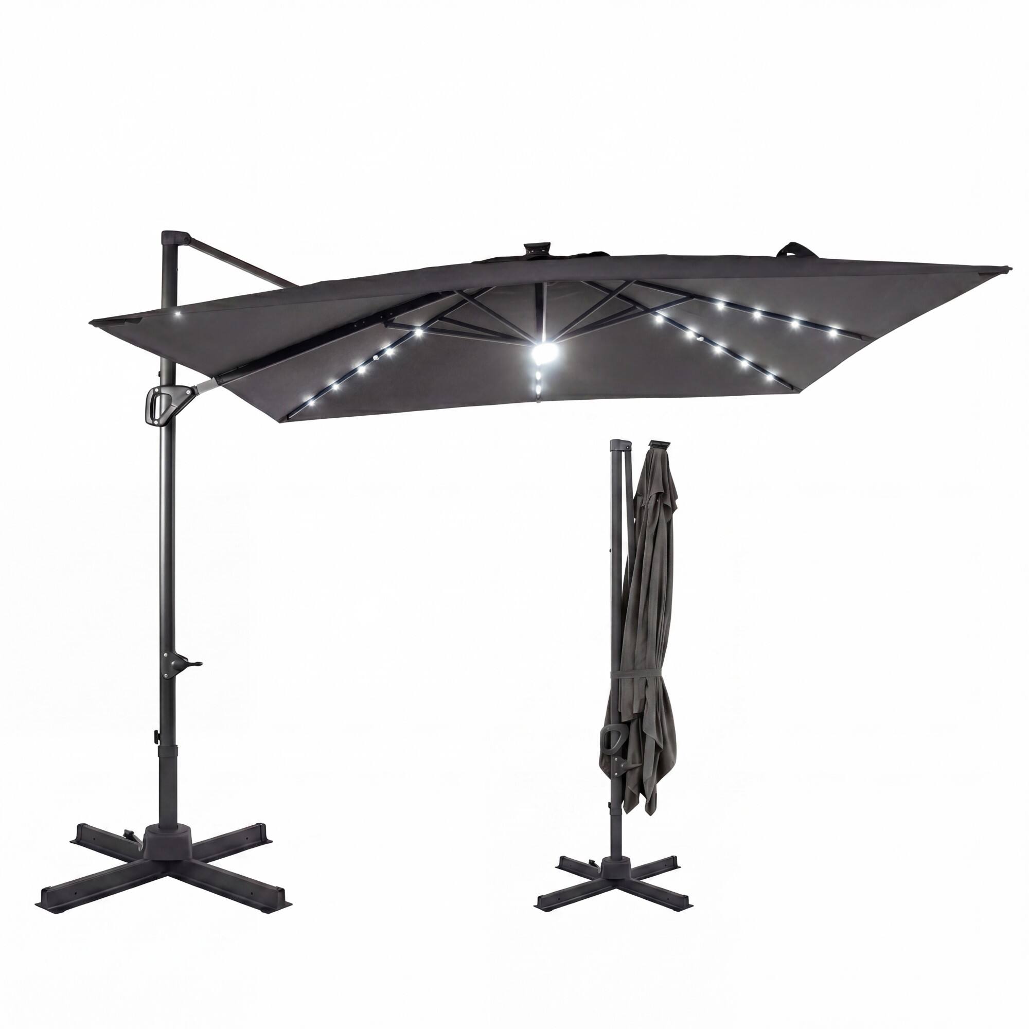 Costway - 10 FT Cantilever Patio Umbrella with 32 Solar LED Lights, 360° Rotation, Easy Tilt - Gray