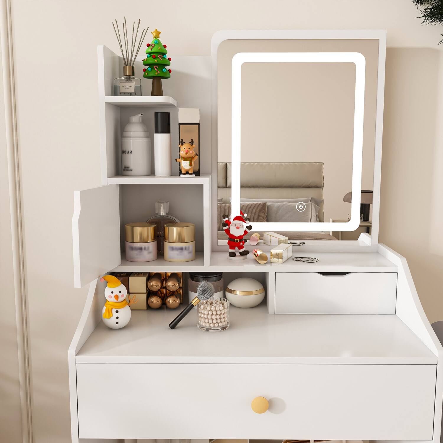 Angle. Lirago - White Wood Dressing Table Desk with LED Mirror Charging Station and Storage Stool 17.7" D x 43.3" W x 53.1" H - White.