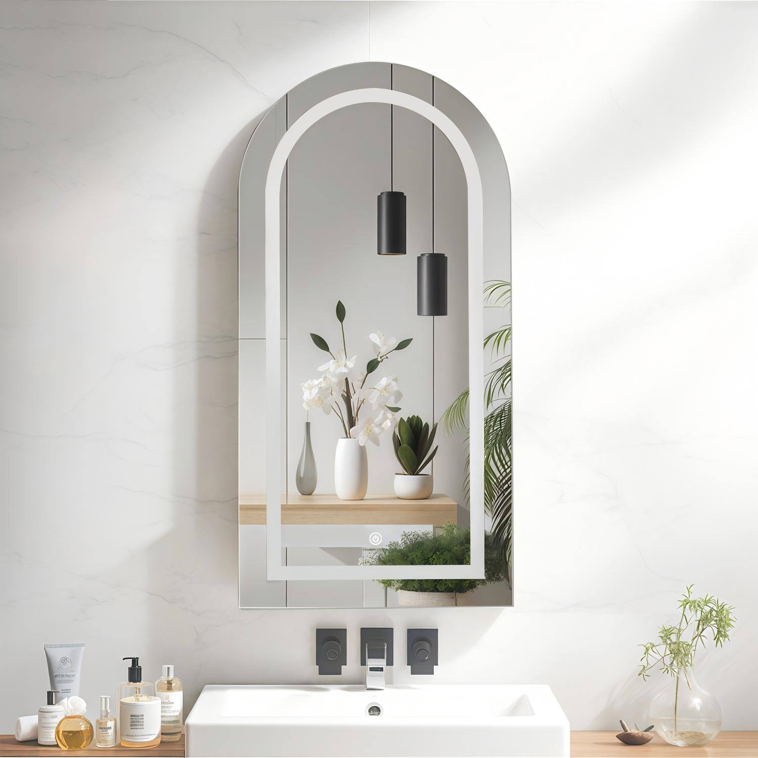 Alt View 2. DIYSET - Arched Medicine Cabinet with LED Light, Wall-Mounted Mirror with Storage Recessed Bathroom Cabinet - White.