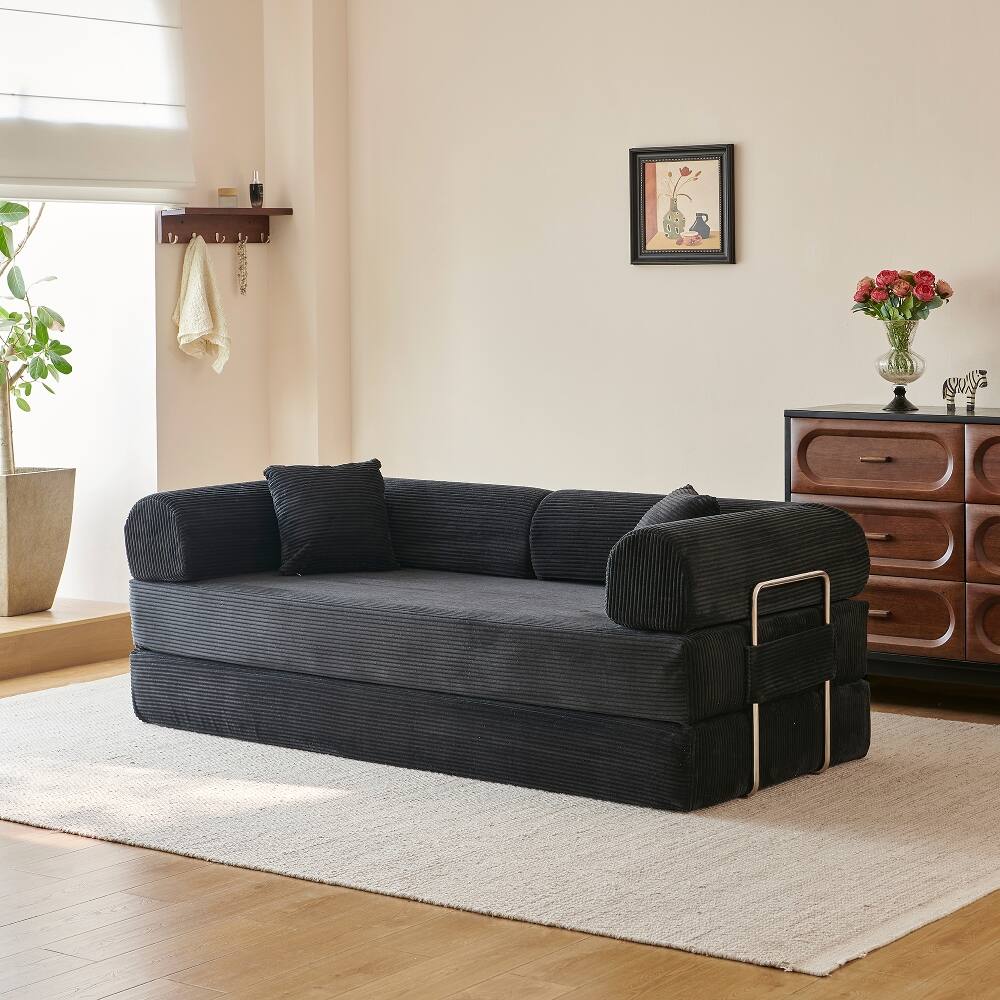 Left. Loheer - Loheer 78.8" Compression Sofa Convertible Floor Sofa Bed Black Corduroy Futon Couch Sleeper Modular Sectional Sofa - Black.