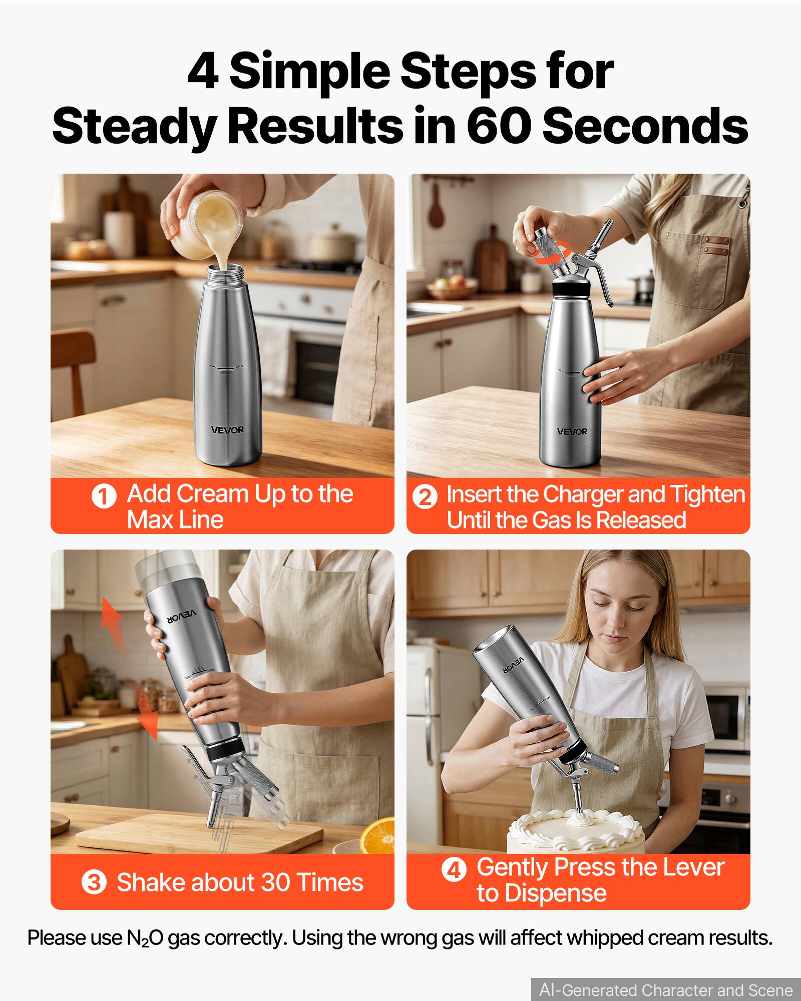 4 Simple Steps for Steady Results in 60 Seconds

1. Add Cream Up to the Max Line
2. Insert the Charger and Tighten Until the Gas Is Released
3. Shake about 30 Times
4. Gently Press the Lever to Dispense

Please use N2O gas correctly. Using the wrong gas will affect whipped cream results.

AI-Generated Character and Scene