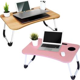 FC Design - 2 Pack Foldable Laptop Cumputer Table, Breakfast Serving Bed Tray, Lap Desk with Foldable Leg - Beige/Pink - Beige and Pink