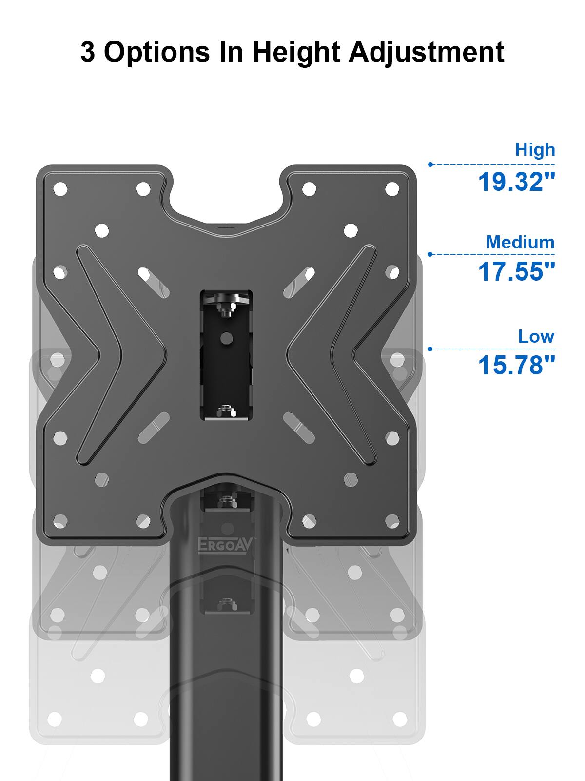 3 Options In Height Adjustment: High 19.32", Medium 17.55", Low 15.78". ErgoAV.