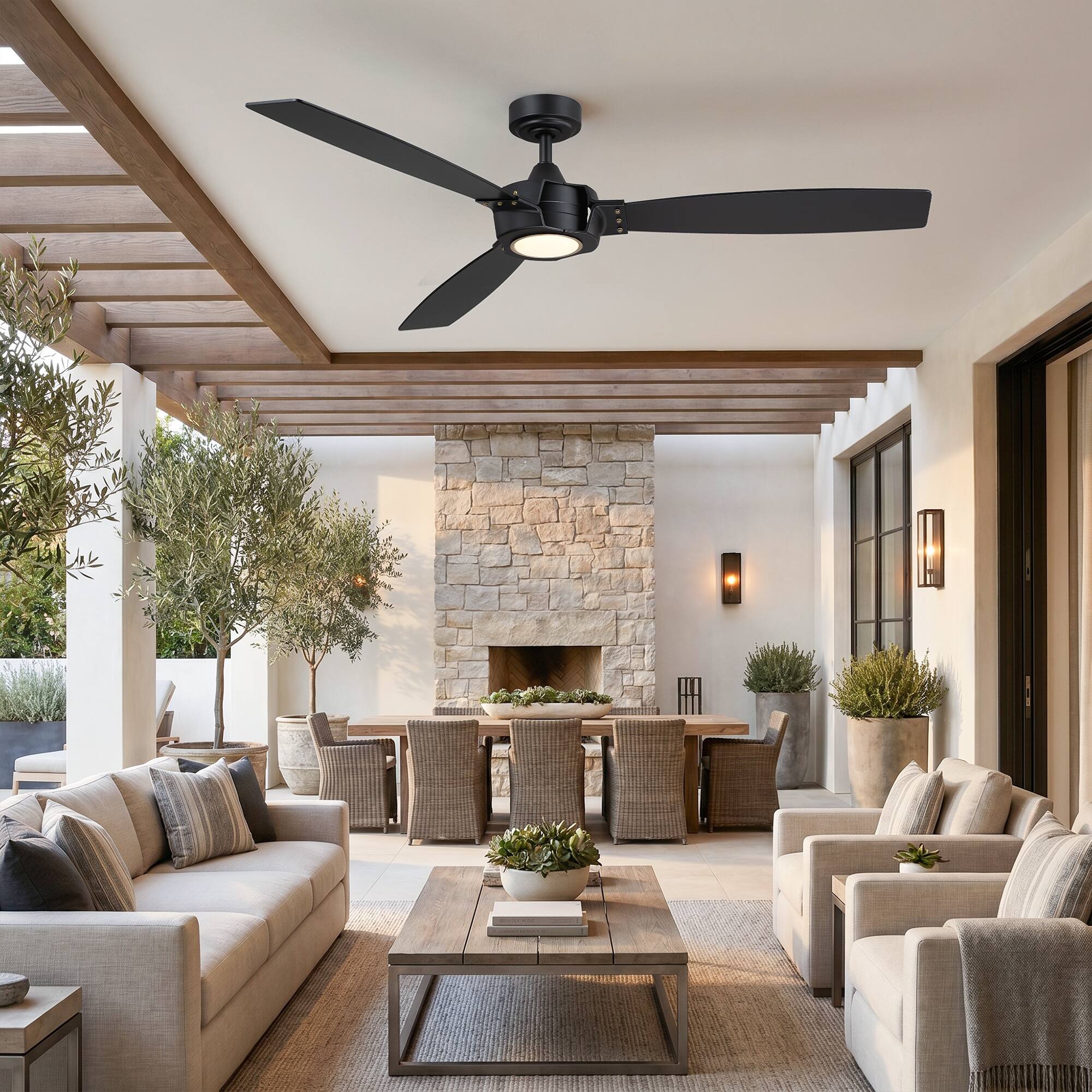 Back. Parrot Uncle - 60" Modern 3-Blade Ceiling Fan with Dimmable LED Light and Remote - BLACK.