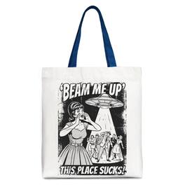 OrnamentallyYou - UFO Meme Beam Me Up This Place Sucks Canvas Tote Bag - White Navy