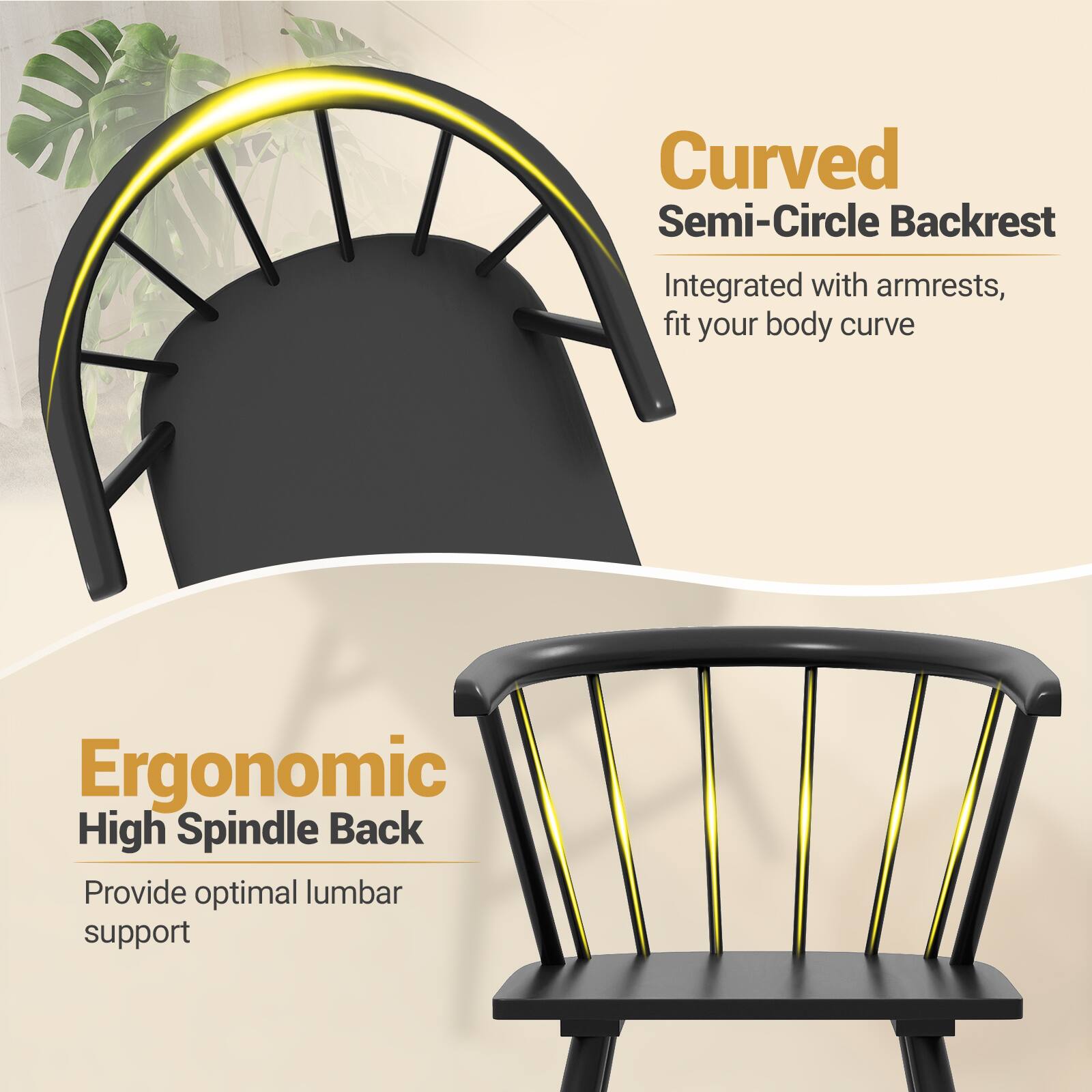 Curved Semi-Circle Backrest  
Integrated with armrests, fit your body curve  

Ergonomic High Spindle Back  
Provide optimal lumbar support