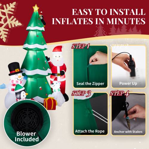 EASY TO INSTALL  
INFLATES IN MINUTES

STEP 1  
Seal the Zipper

STEP 2  
Power Up

STEP 3  
Attach the Rope

STEP 4  
Anchor with Stakes

Blower Included