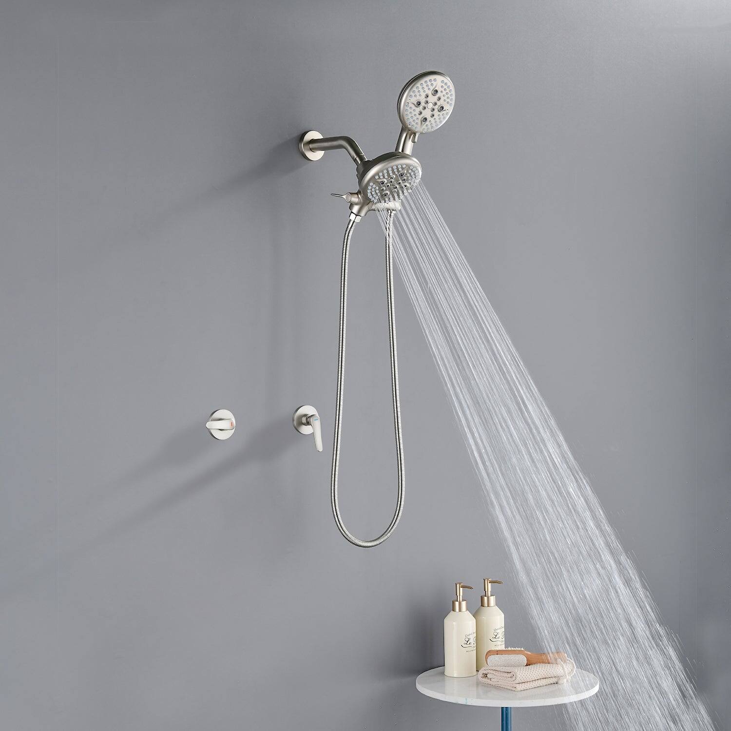 Alt View 5. Boyel Living - Brushed Nickel Shower Set with Dual Handles and 5 Function ABS Dual Shower Heads - Brushed Nickel.