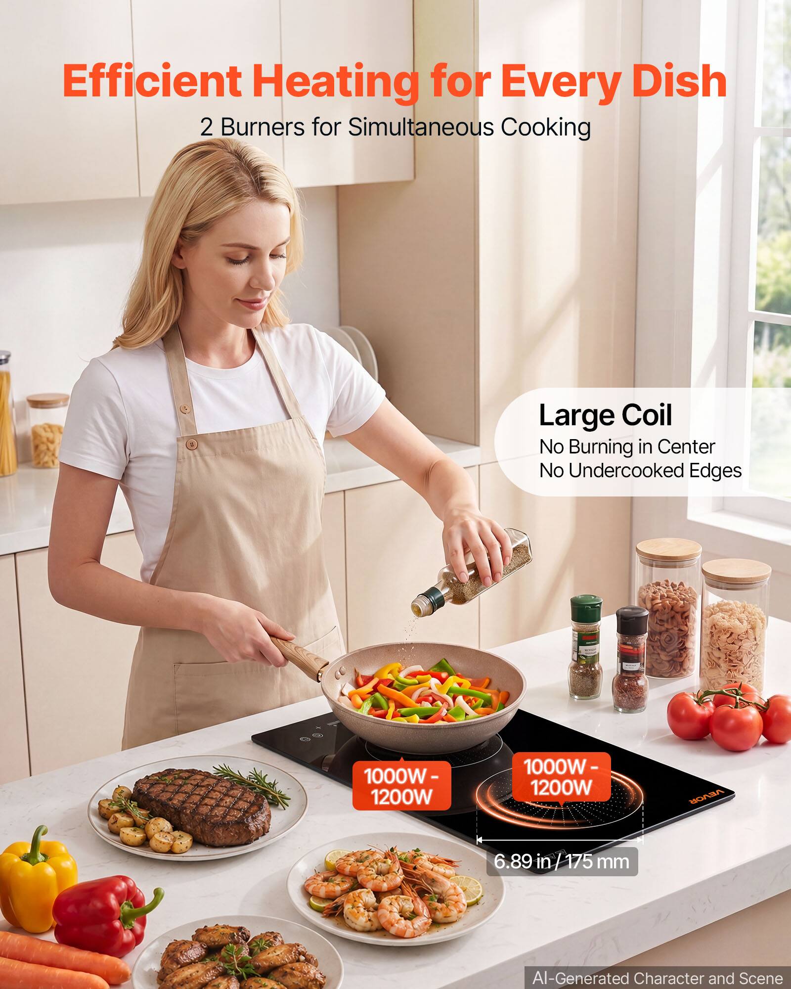 Efficient Heating for Every Dish  
2 Burners for Simultaneous Cooking  

Large Coil  
No Burning in Center  
No Undercooked Edges  

1000W - 1200W  

6.89 in / 175 mm  

VEVOR  

AI-Generated Character and Scene