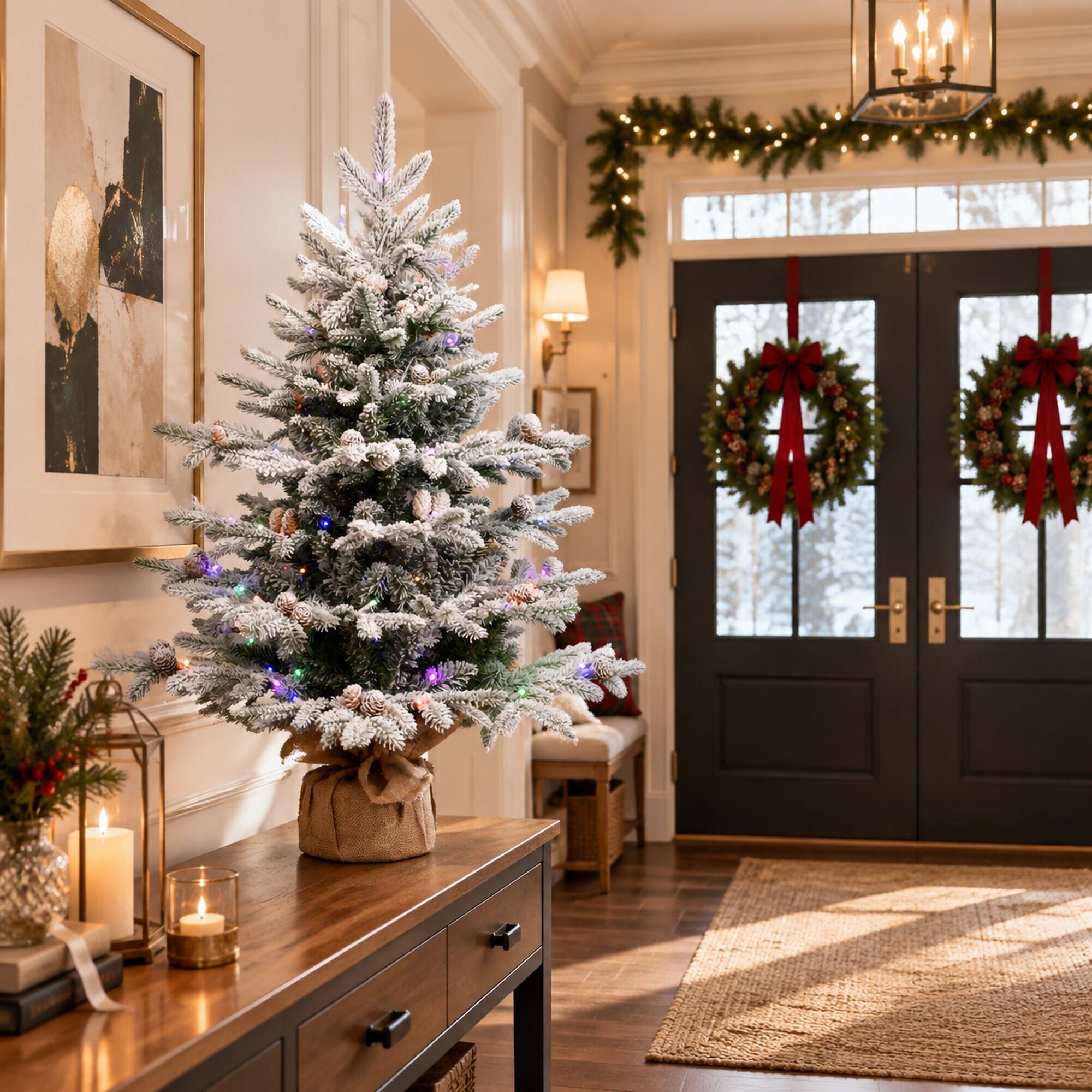 Alt View 2. RYHNUYNE - 3FT Pre-Lit Flocked Artificial Pine Tree With 100 Dual-Color LED Lights and 26 Pine Cones, 528 Tips and Burlap Base - Green,White.