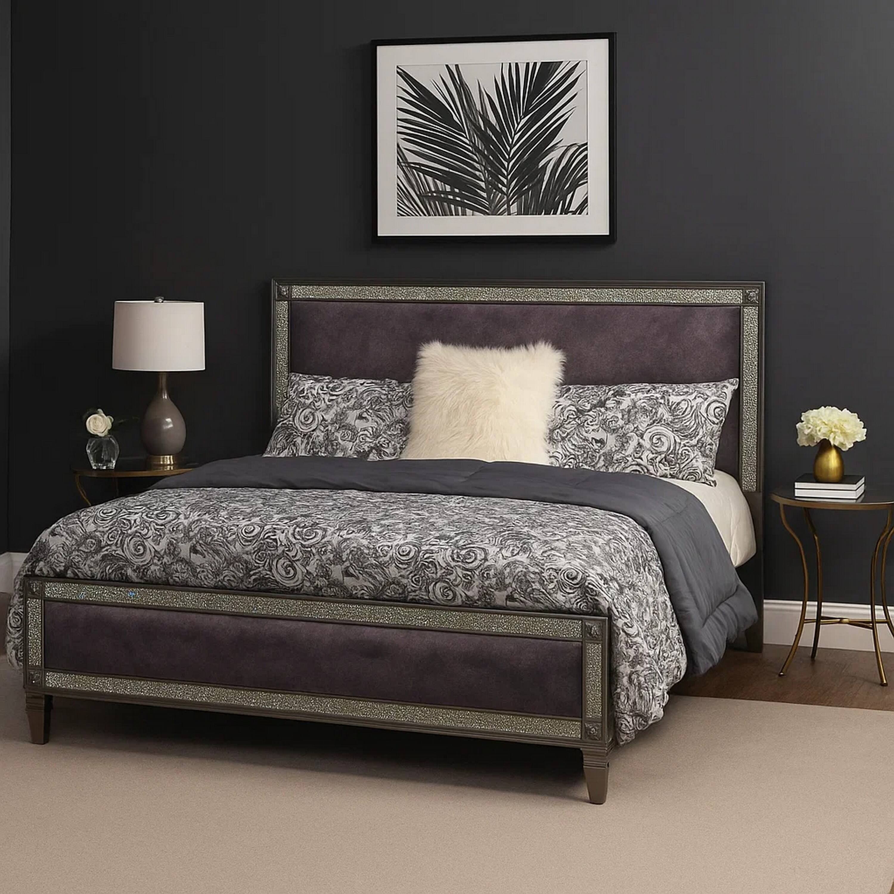 Alt View 6. Manhattan Lane - Laine Queen Bed, Glam Crystal Acrylic Trim, Gray Fabric Upholstered - Gray.