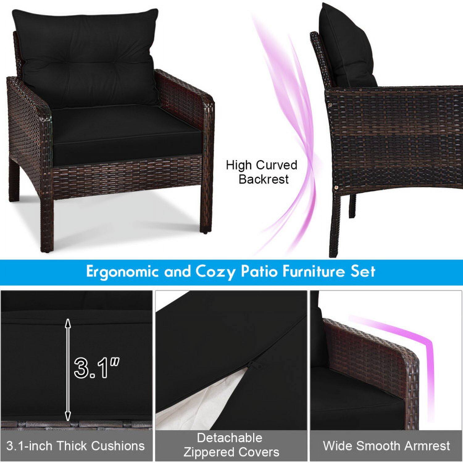 High Curved Backrest  
Ergonomic and Cozy Patio Furniture Set  

3.1-inch Thick Cushions  
Detachable Zippered Covers  
Wide Smooth Armrest