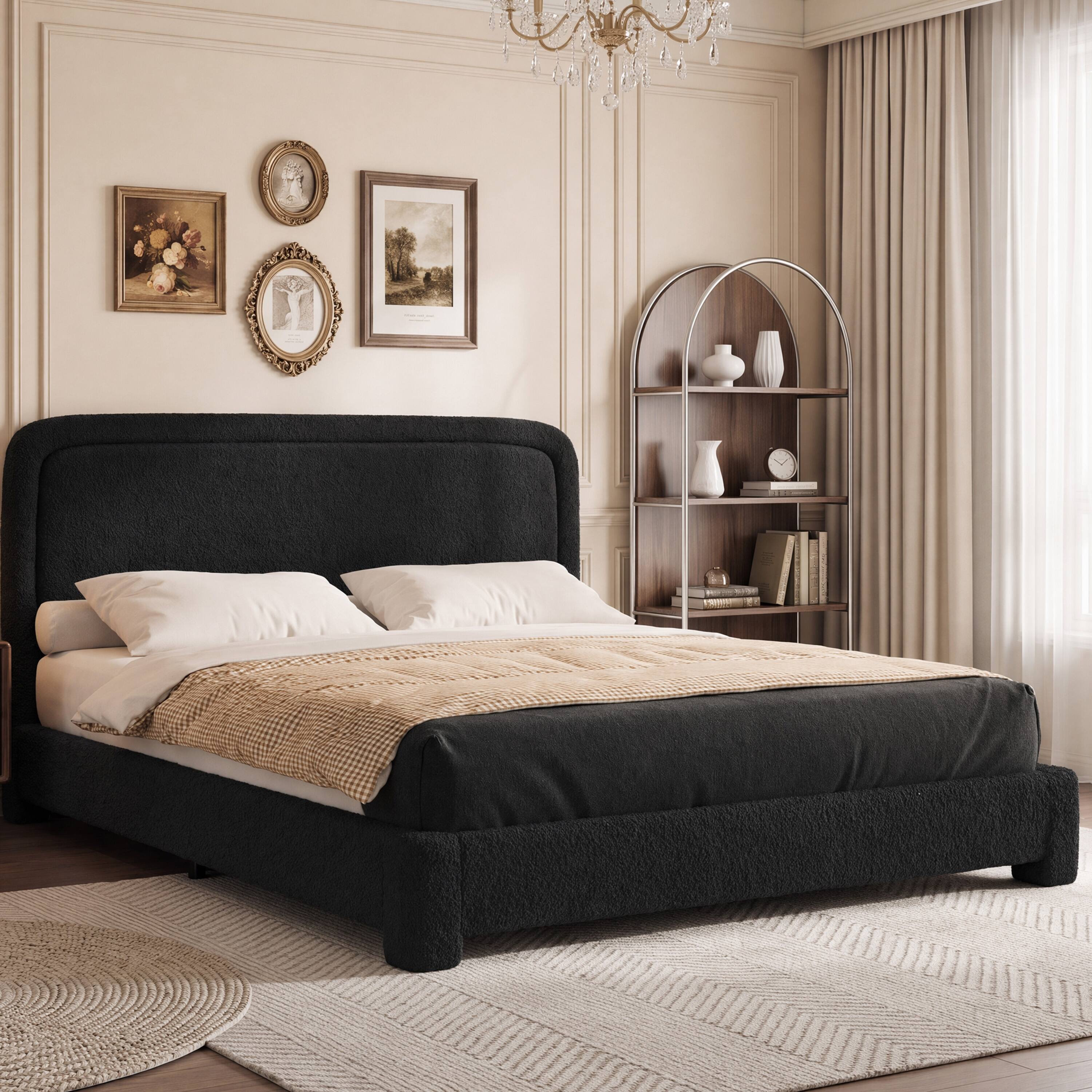 Left. Vipbear - F/Q/K Upholstered Bed Frame with Adjustable Headboard, Curved Sherpa Platform Bed Frame, No Box Spring Required - Black.