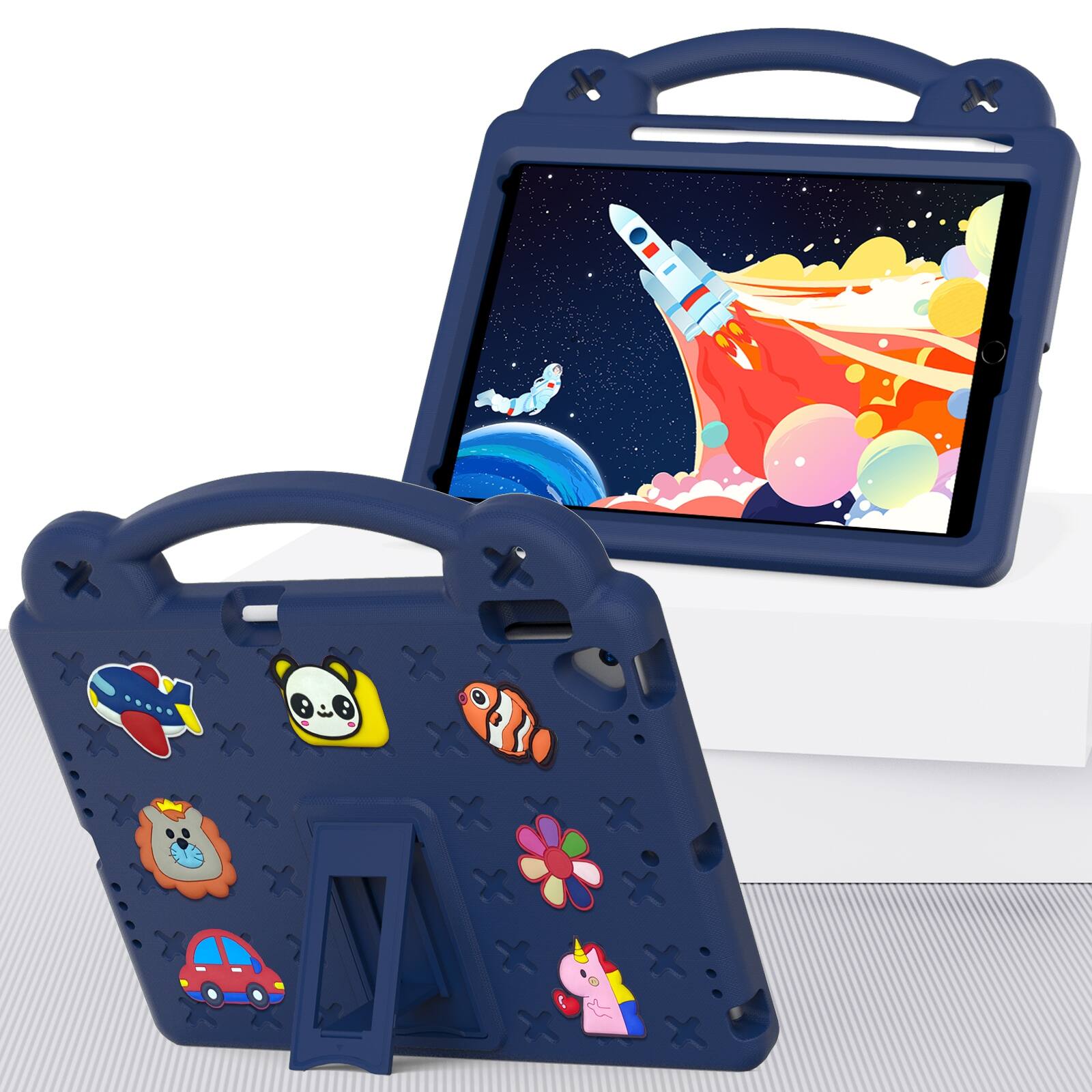 Angle. UUCOVER - Kids Case for iPad 9th 8th 7th Generation 10.2-inch (2021/2020/2019),Shockproof EVA Case Handle Adjustable Stand Cover - Navyblue.