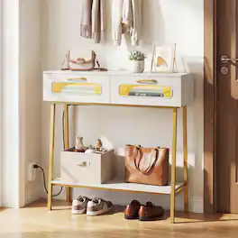 Costway - Console Table with LED Lights, Narrow Entryway Table with 2 Storage Drawer, Open Shelf - White & Gold