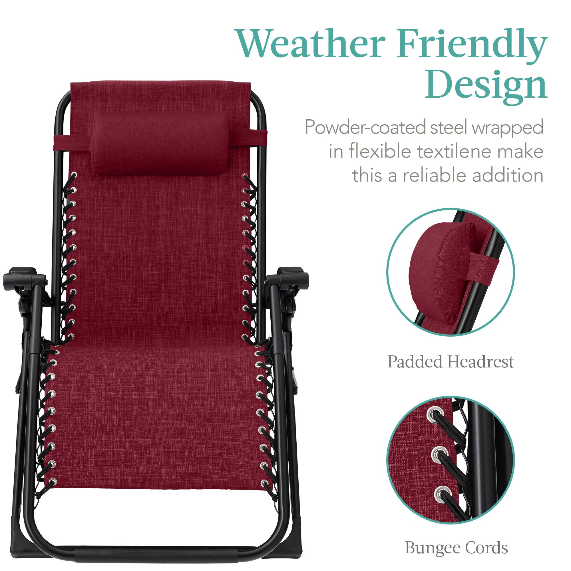 Weather Friendly Design

Powder-coated steel wrapped in flexible textilene make this a reliable addition

Padded Headrest

Bungee Cords