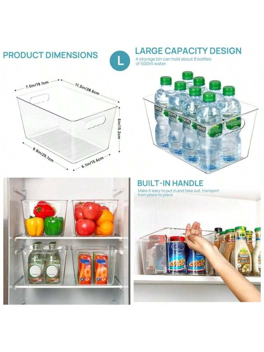 **PRODUCT DIMENSIONS**  
L  
7.5in/19.1cm  
11.3in/28.6cm  
9.9in/25.1cm  
6.1in/15.6cm  
6in/15.2cm  
2cm  

**LARGE CAPACITY DESIGN**  
A storage bin can hold about 8 bottles of 500ml water.  

**BUILT-IN HANDLE**  
Make it easy to put in and take out, transport from place to place.