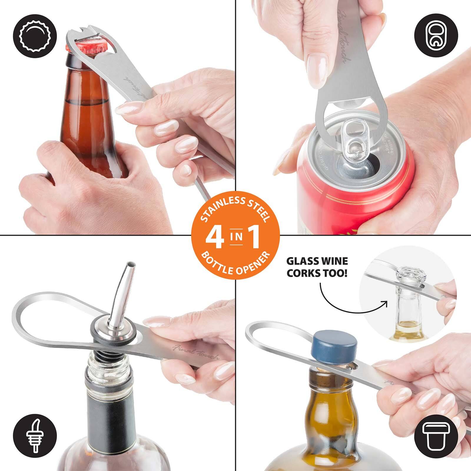 CHINKE STAINLESS STEEL 4 IN 1 BOTTLE OPENER GLASS WINE CORKS TOO!