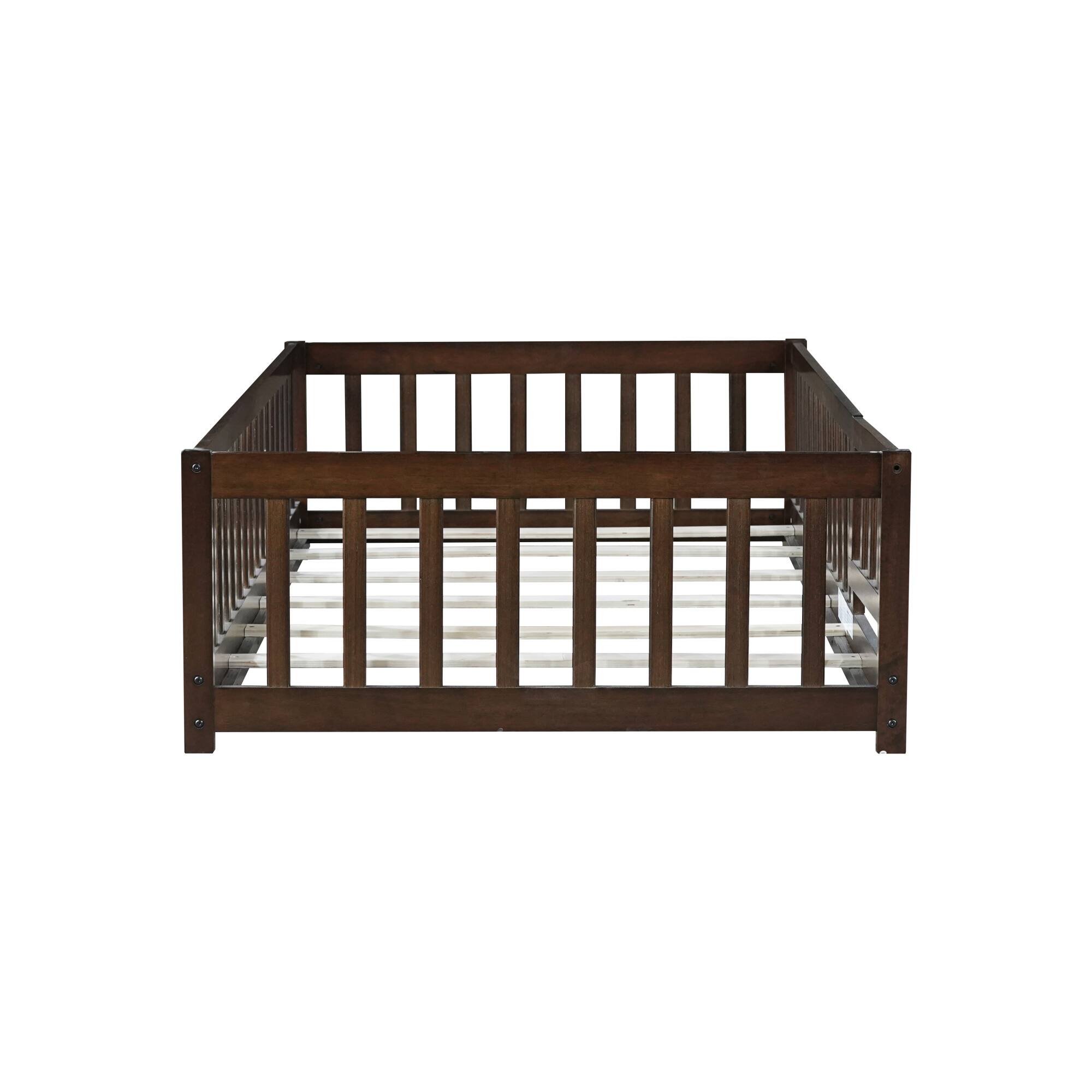 Alt View 5. GOODSILO - Twin Size Low-Profile Children's Floor Bed with Safety Guardrails and Entry Door, Natural Wood Finish - Espresso.