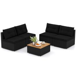 Costway - 5 Piece Outdoor Furniture Set with Seat & Back Cushions Acacia Wood Tabletop - Black