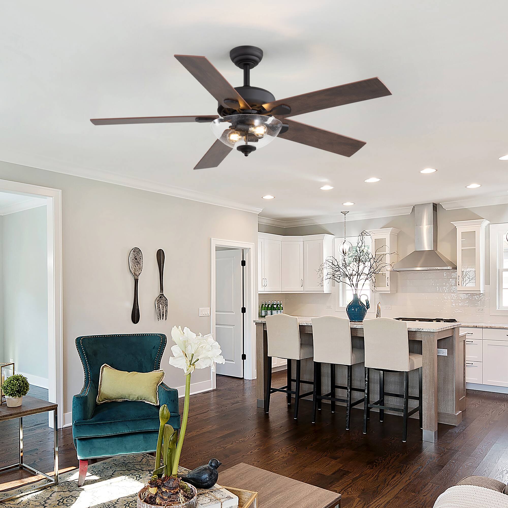 Left. Breezary - 52-In Traditional Ceiling Fan with Light Kit, 5 Plywood Blades, 6-Speed DC Motor, Remote Control with Timer - Matte Black and Deep and Light Wood Grain.