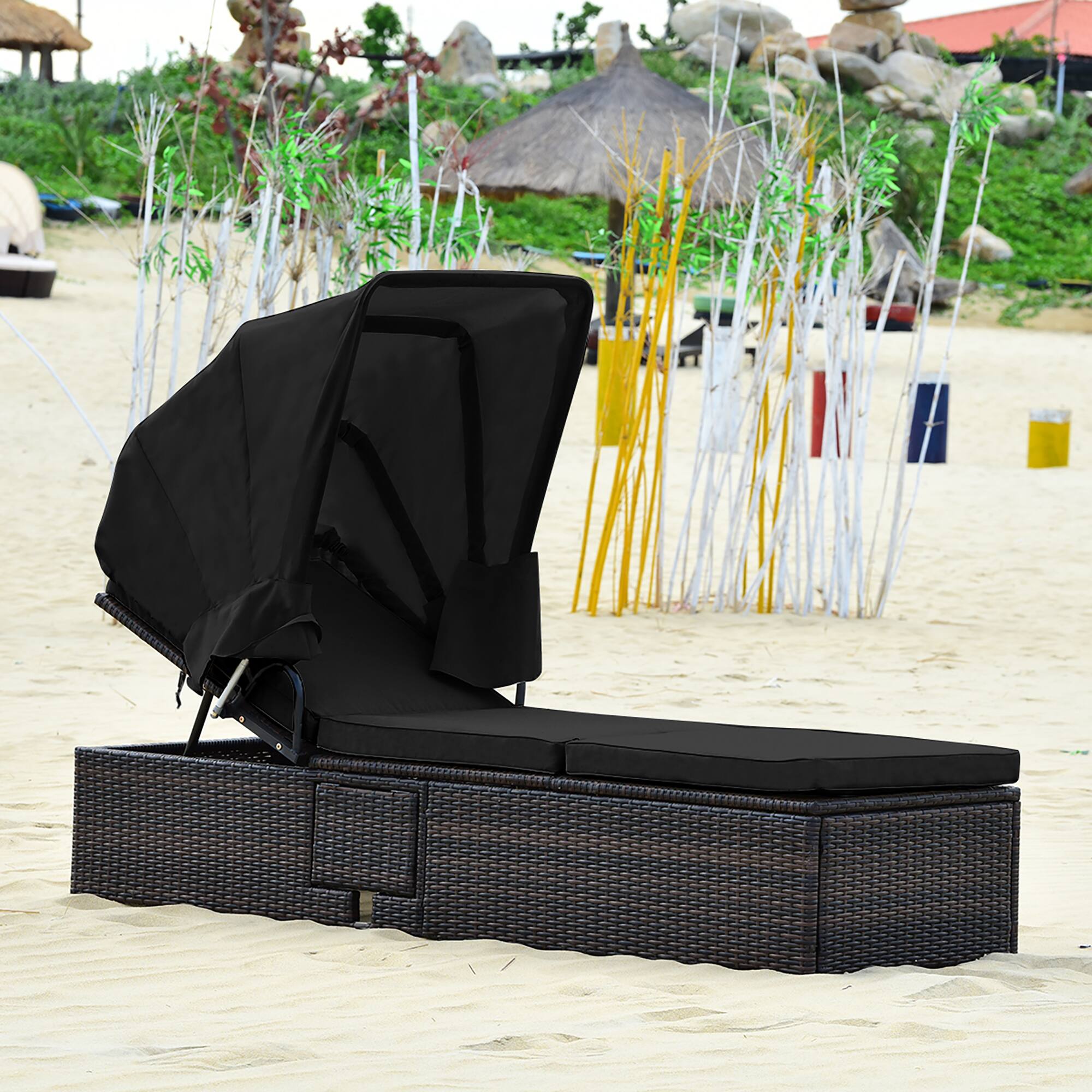 Alt View 2. Costway - Costway Patio Rattan Lounge Chair Chaise Cushioned Top Canopy Adjustable Tea Table - Black.